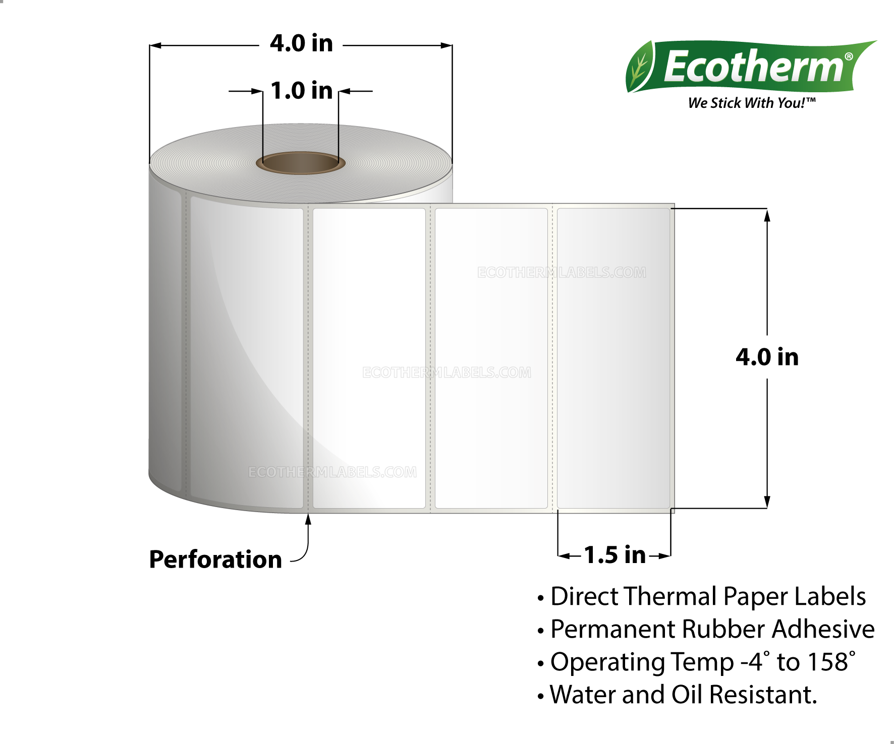 4 x 1.5 Direct Thermal White Labels With Rubber Adhesive - Perforated - 985 Labels Per Roll - Carton Of 4 Rolls - 3940 Labels Total - MPN: ECOTHERM14126-4