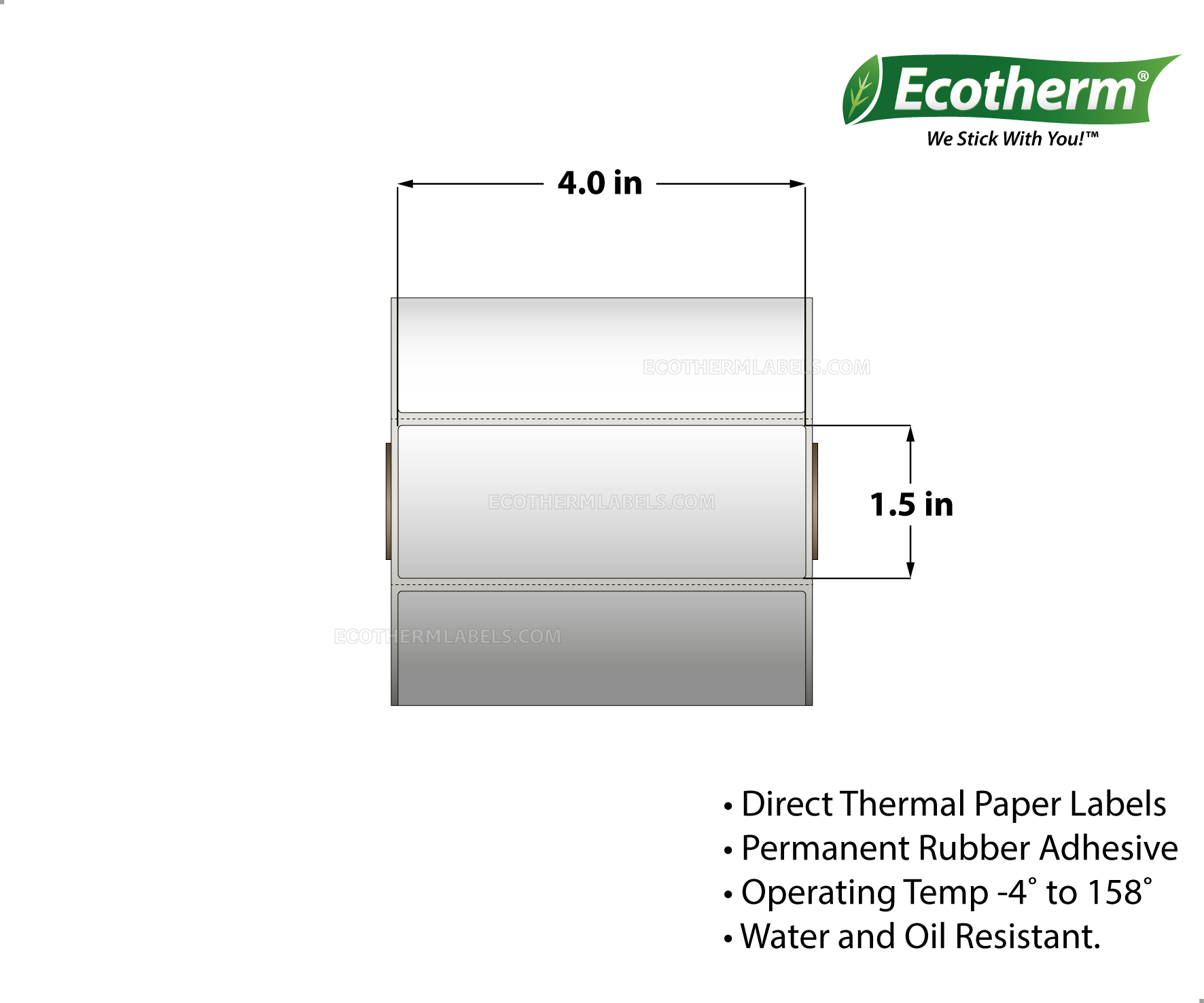 4 x 1.5 Direct Thermal White Labels With Rubber Adhesive - Perforated - 985 Labels Per Roll - Carton Of 4 Rolls - 3940 Labels Total - MPN: ECOTHERM14126-4