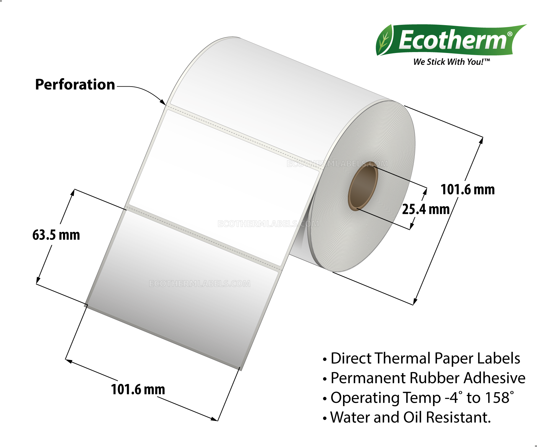 4 x 2.5 Direct Thermal White Labels With Rubber Adhesive - Perforated - 600 Labels Per Roll - Carton Of 4 Rolls - 2400 Labels Total - MPN: ECOTHERM14113-4