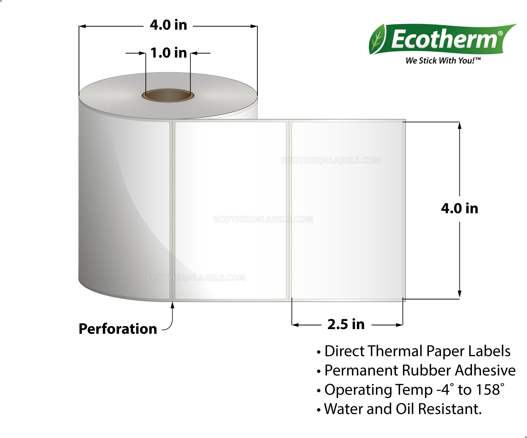 4 x 2.5 Direct Thermal White Labels With Rubber Adhesive - Perforated - 600 Labels Per Roll - Carton Of 4 Rolls - 2400 Labels Total - MPN: ECOTHERM14113-4