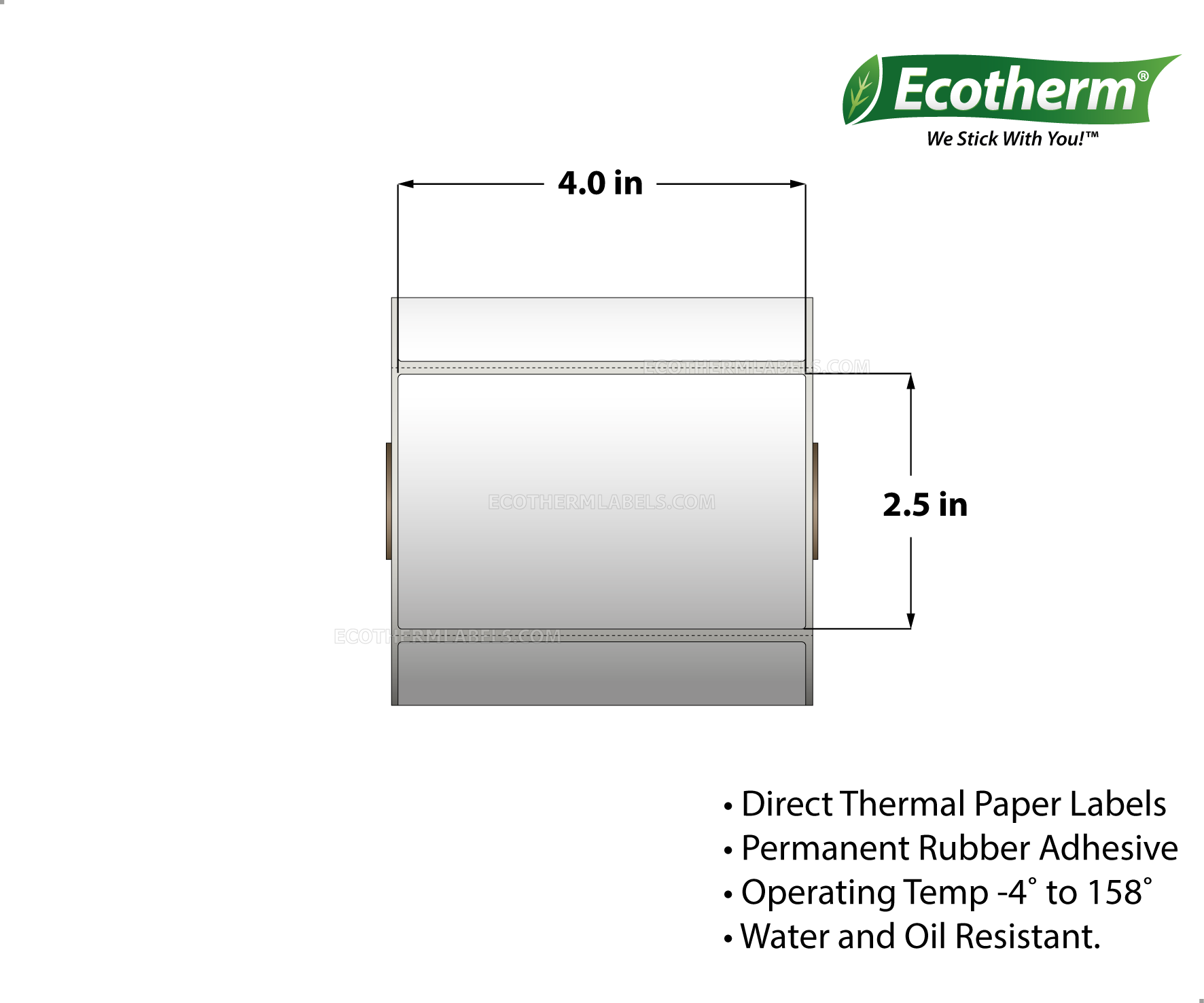 4 x 2.5 Direct Thermal White Labels With Rubber Adhesive - Perforated - 600 Labels Per Roll - Carton Of 4 Rolls - 2400 Labels Total - MPN: ECOTHERM14113-4