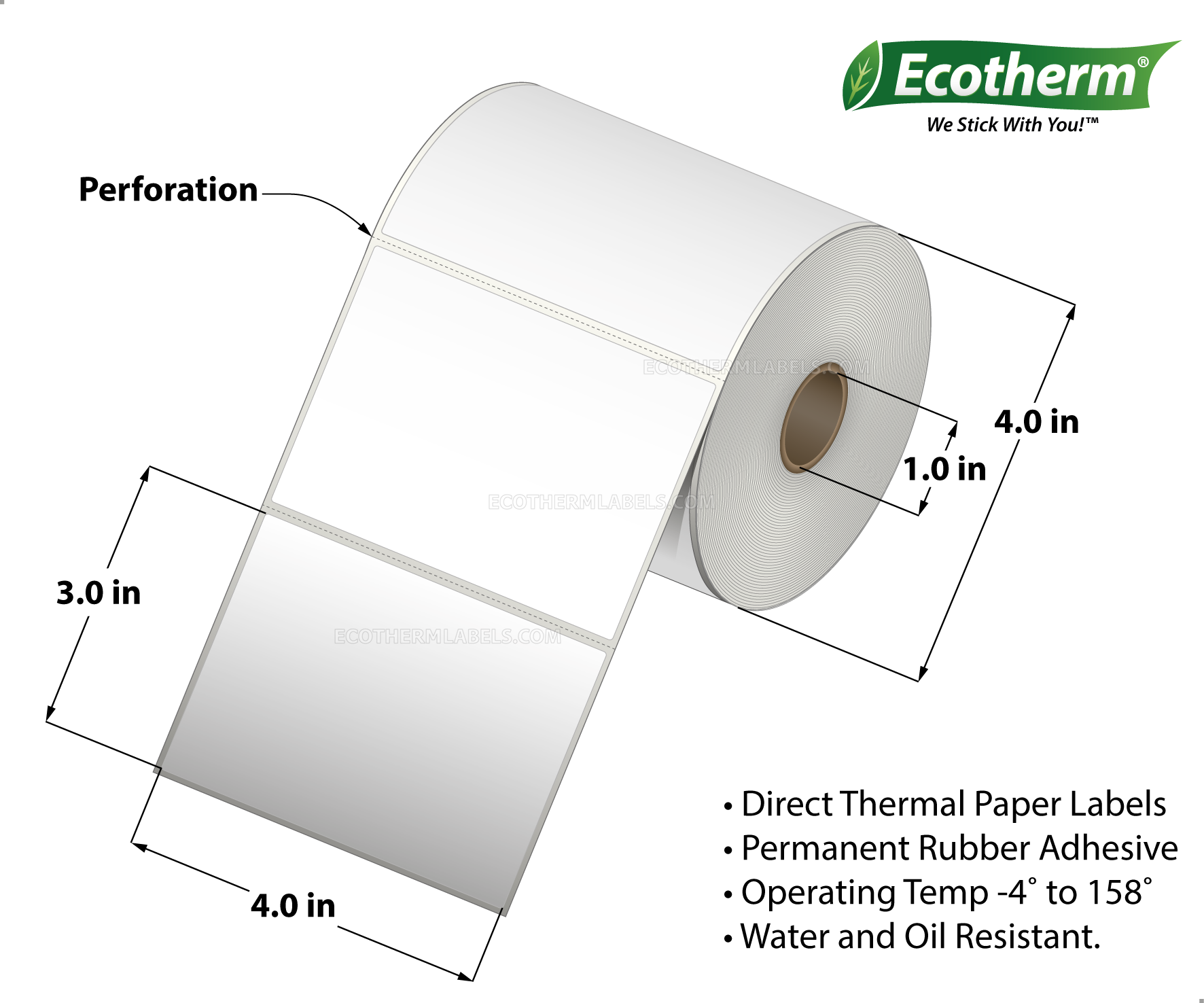 4 x 3 Direct Thermal White Labels With Rubber Adhesive - Perforated - 525 Labels Per Roll - Carton Of 4 Rolls - 2100 Labels Total - MPN: ECOTHERM14128-4