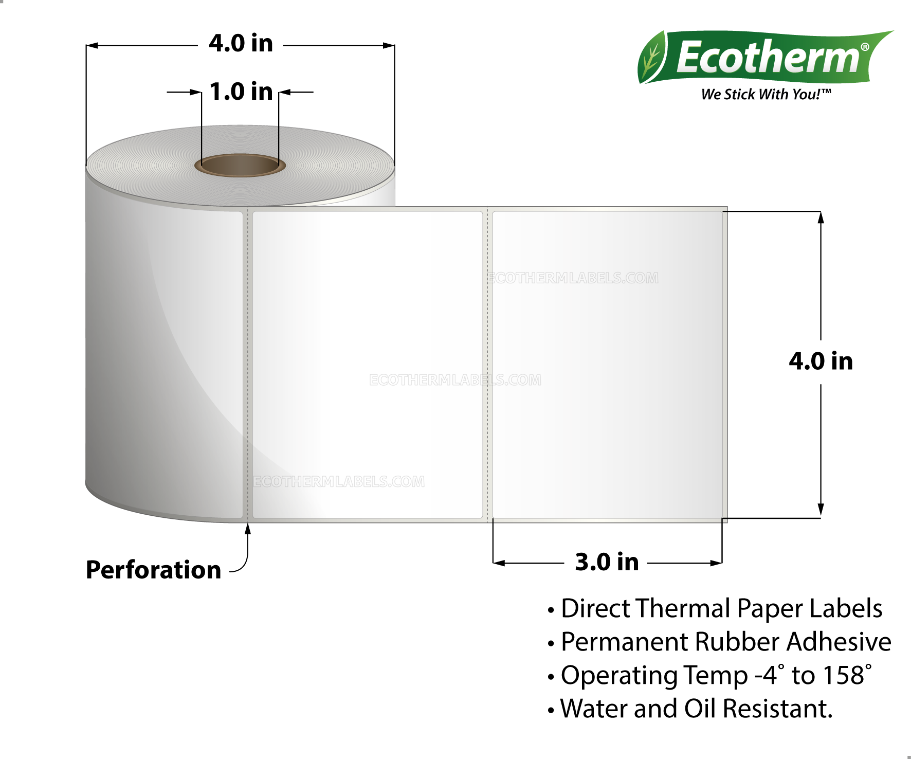 4 x 3 Direct Thermal White Labels With Rubber Adhesive - Perforated - 525 Labels Per Roll - Carton Of 4 Rolls - 2100 Labels Total - MPN: ECOTHERM14128-4