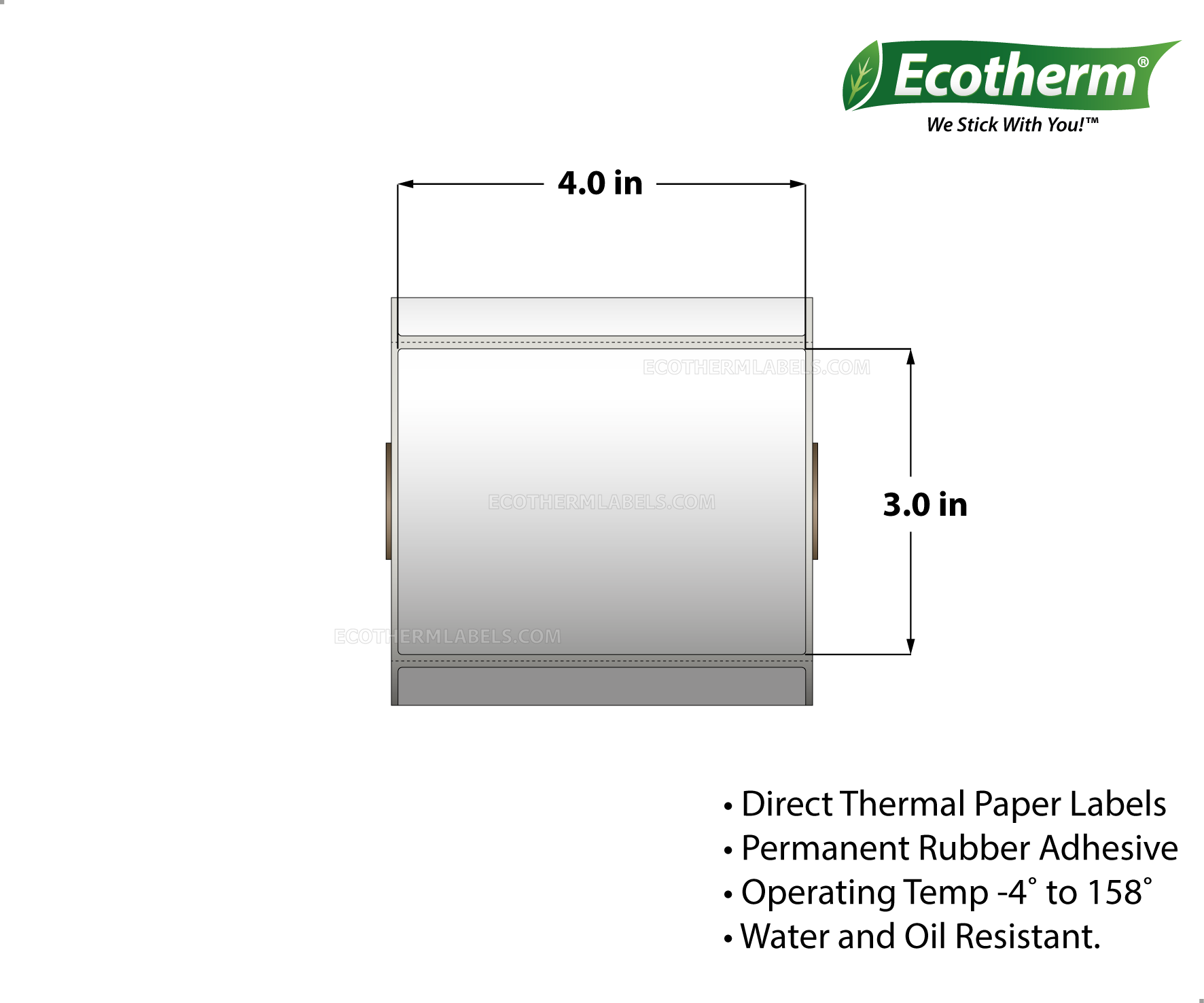 4 x 3 Direct Thermal White Labels With Rubber Adhesive - Perforated - 525 Labels Per Roll - Carton Of 4 Rolls - 2100 Labels Total - MPN: ECOTHERM14128-4