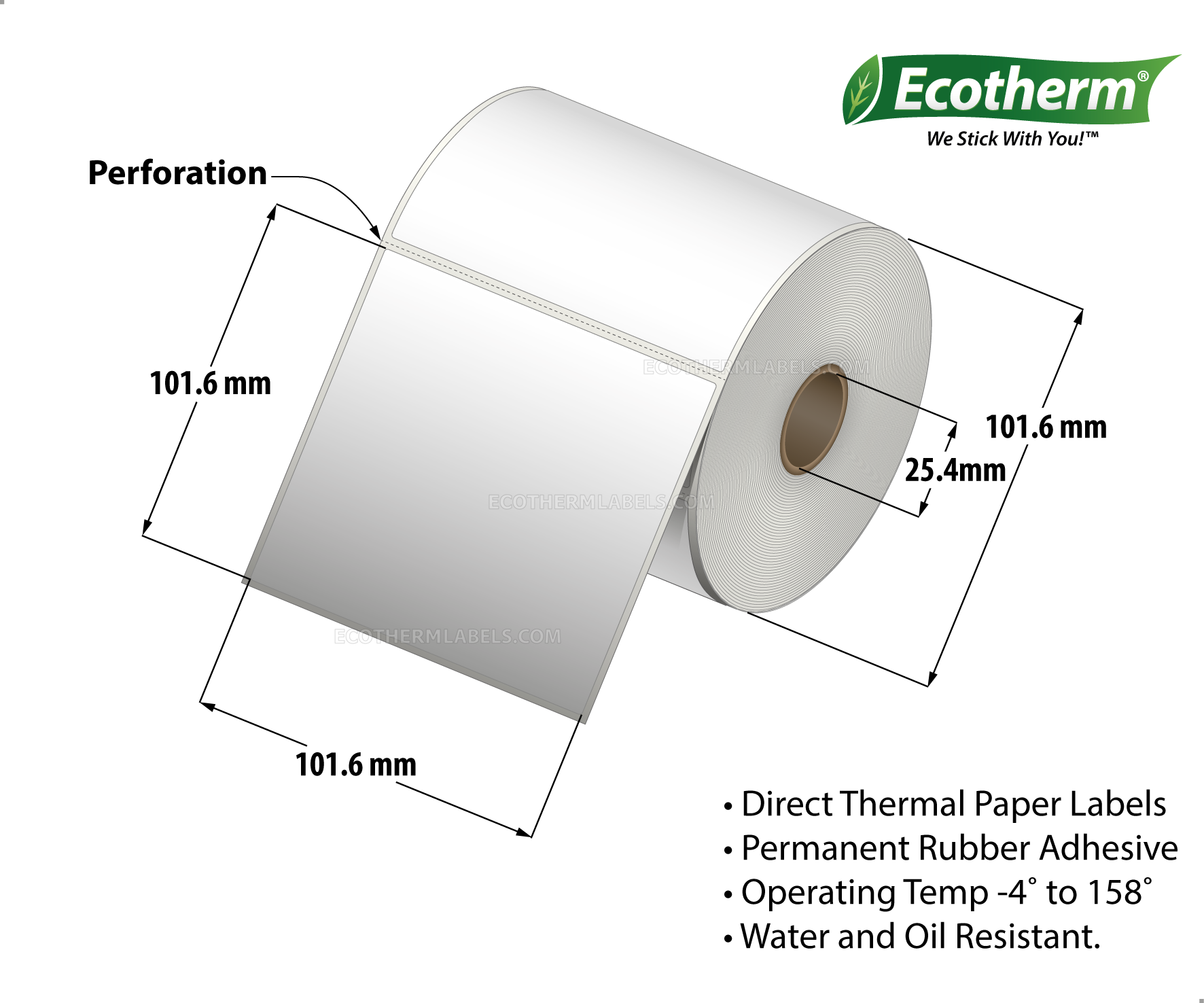 4 x 4 Direct Thermal White Labels With Rubber Adhesive - Perforated - 377 Labels Per Roll - Carton Of 4 Rolls - 1508 Labels Total - MPN: ECOTHERM14115-4