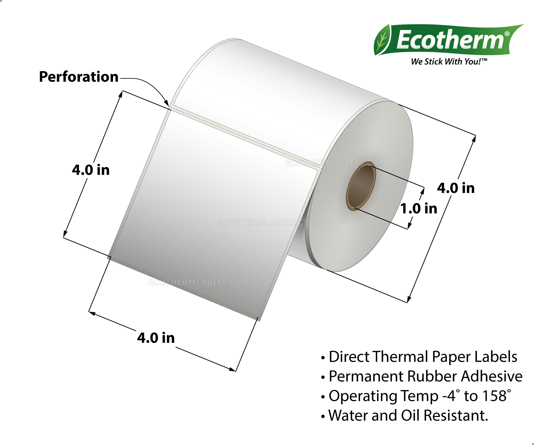 4 x 4 Direct Thermal White Labels With Rubber Adhesive - Perforated - 377 Labels Per Roll - Carton Of 4 Rolls - 1508 Labels Total - MPN: ECOTHERM14115-4