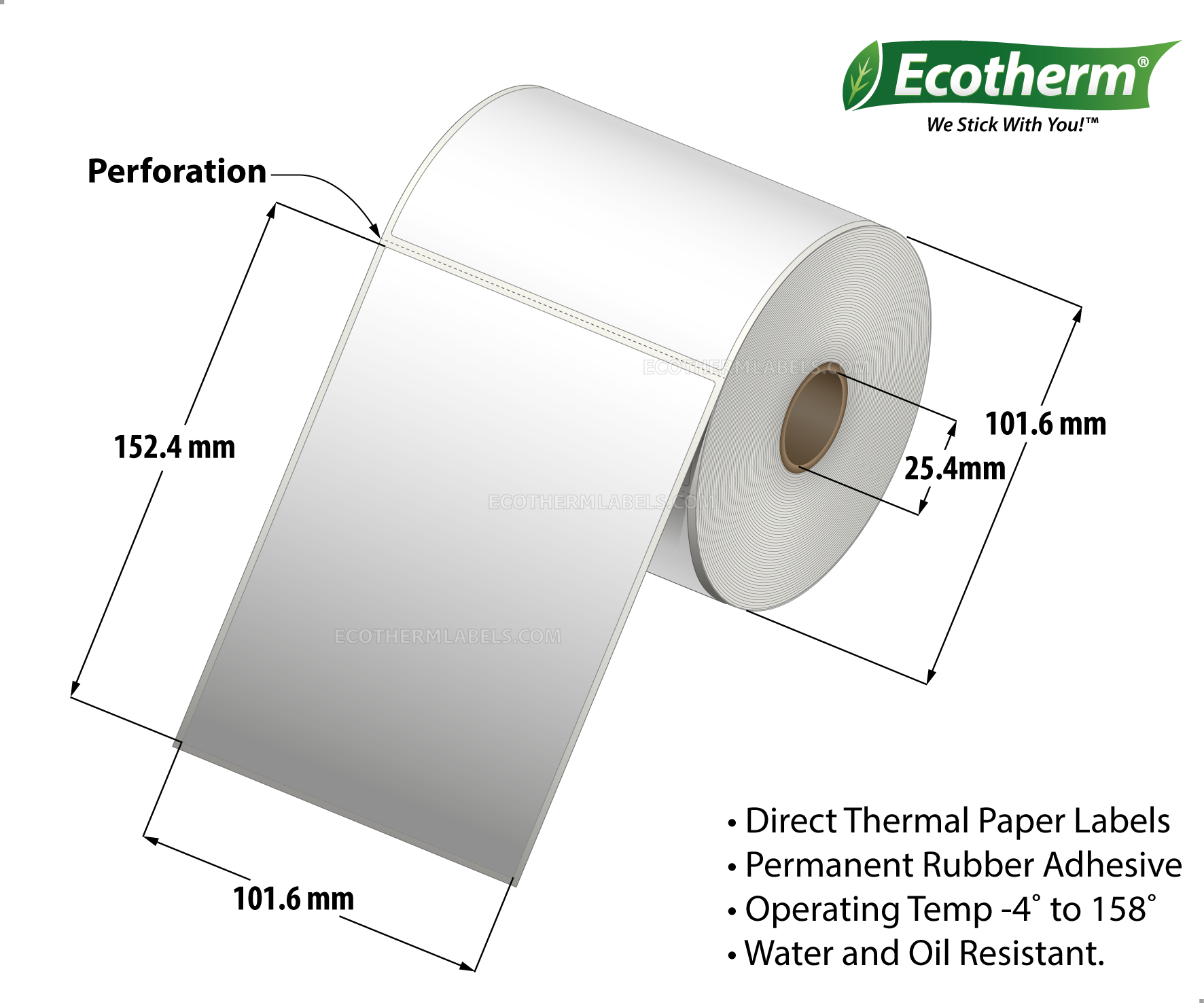 4 x 6 Direct Thermal White Labels With Rubber Adhesive - Perforated - 275 Labels Per Roll - Carton Of 4 Rolls - 1100 Labels Total - MPN: ECOTHERM14129-4