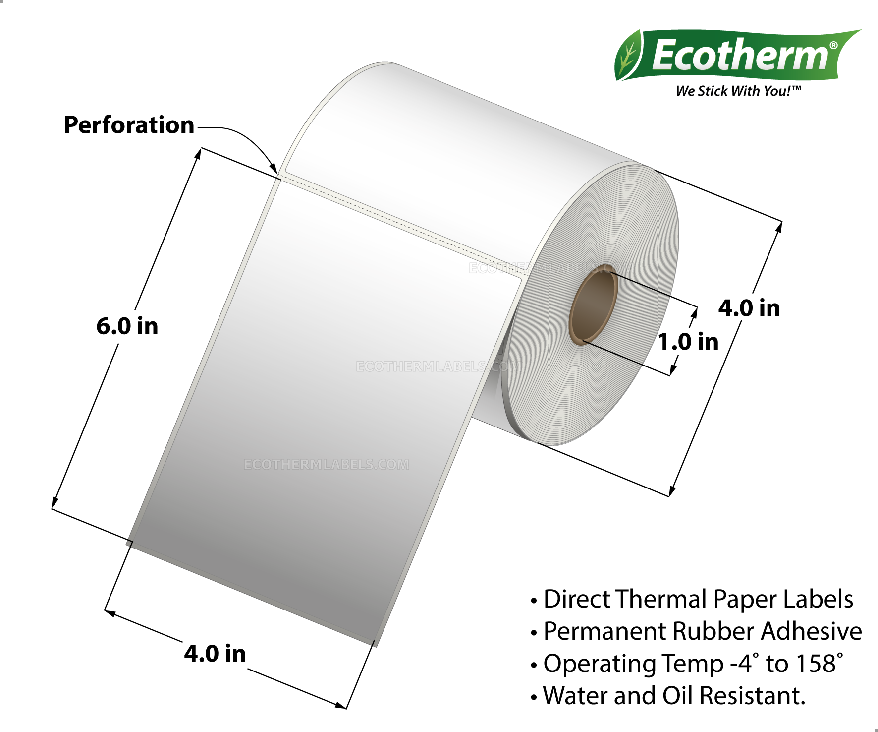 4 x 6 Direct Thermal White Labels With Rubber Adhesive - Perforated - 275 Labels Per Roll - Carton Of 4 Rolls - 1100 Labels Total - MPN: ECOTHERM14129-4