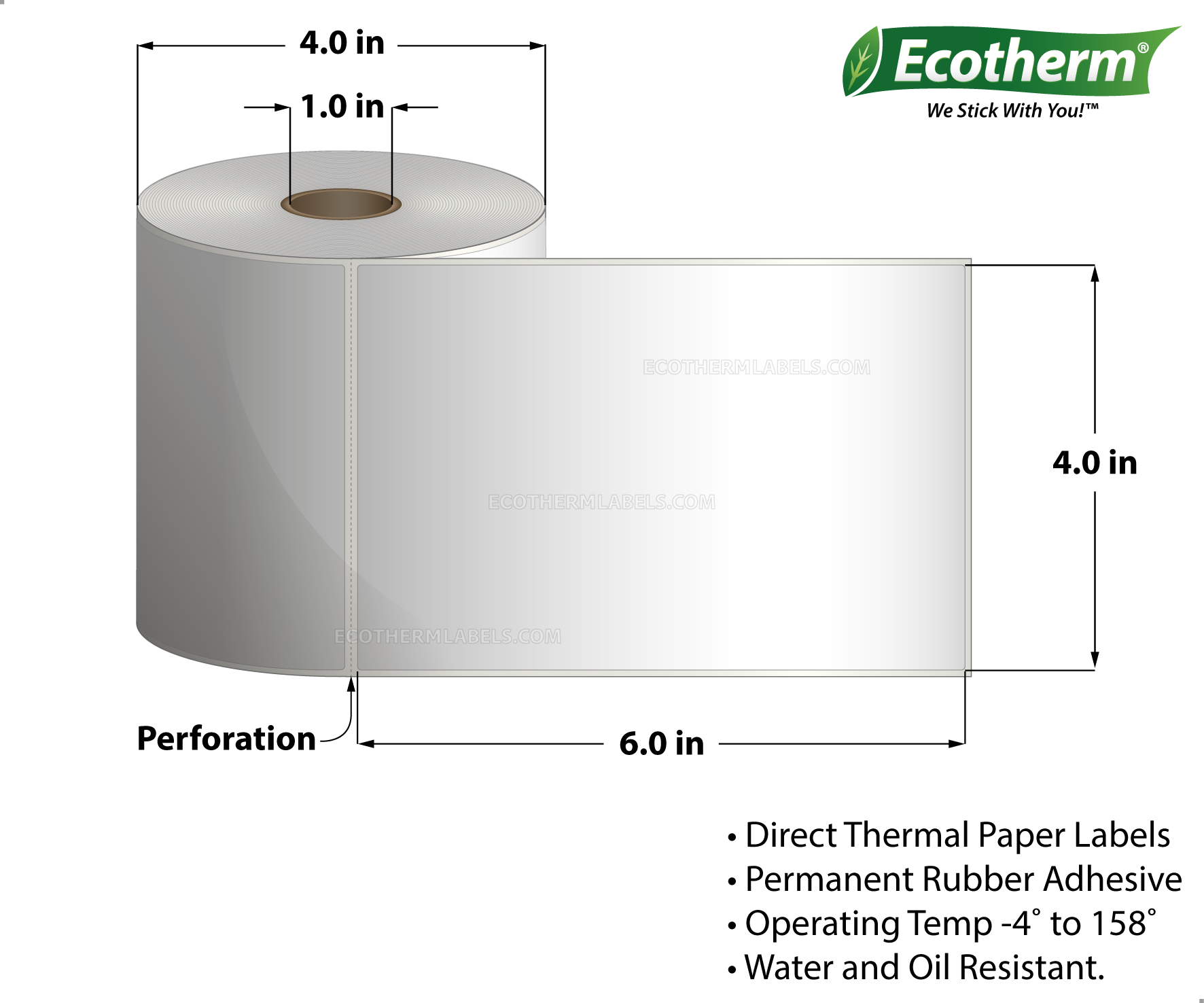 4 x 6 Direct Thermal White Labels With Rubber Adhesive - Perforated - 275 Labels Per Roll - Carton Of 4 Rolls - 1100 Labels Total - MPN: ECOTHERM14129-4