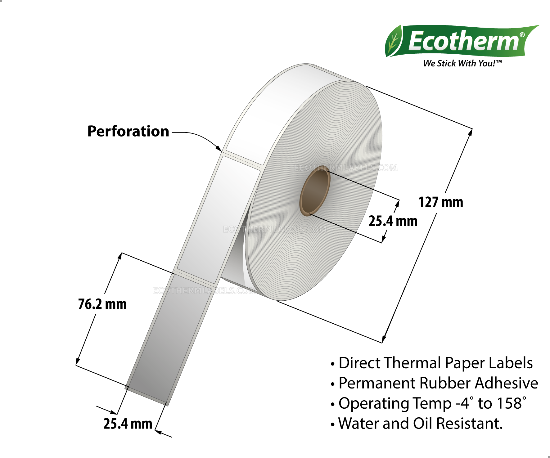 1 x 3 Direct Thermal White Labels With Rubber Adhesive - Perforated - 840 Labels Per Roll - Carton Of 6 Rolls - 5040 Labels Total - MPN: ECOTHERM15112-6