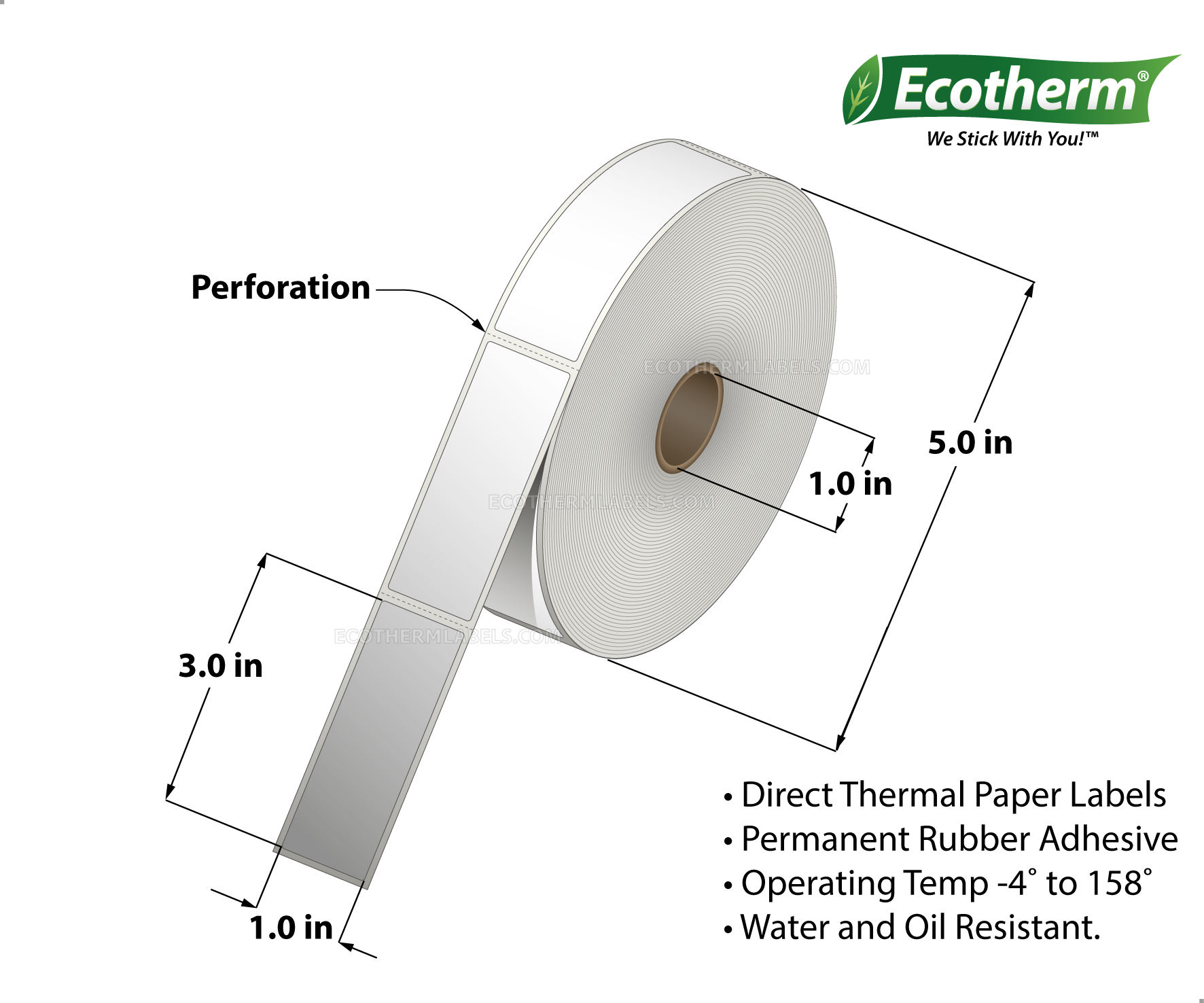 1 x 3 Direct Thermal White Labels With Rubber Adhesive - Perforated - 840 Labels Per Roll - Carton Of 6 Rolls - 5040 Labels Total - MPN: ECOTHERM15112-6