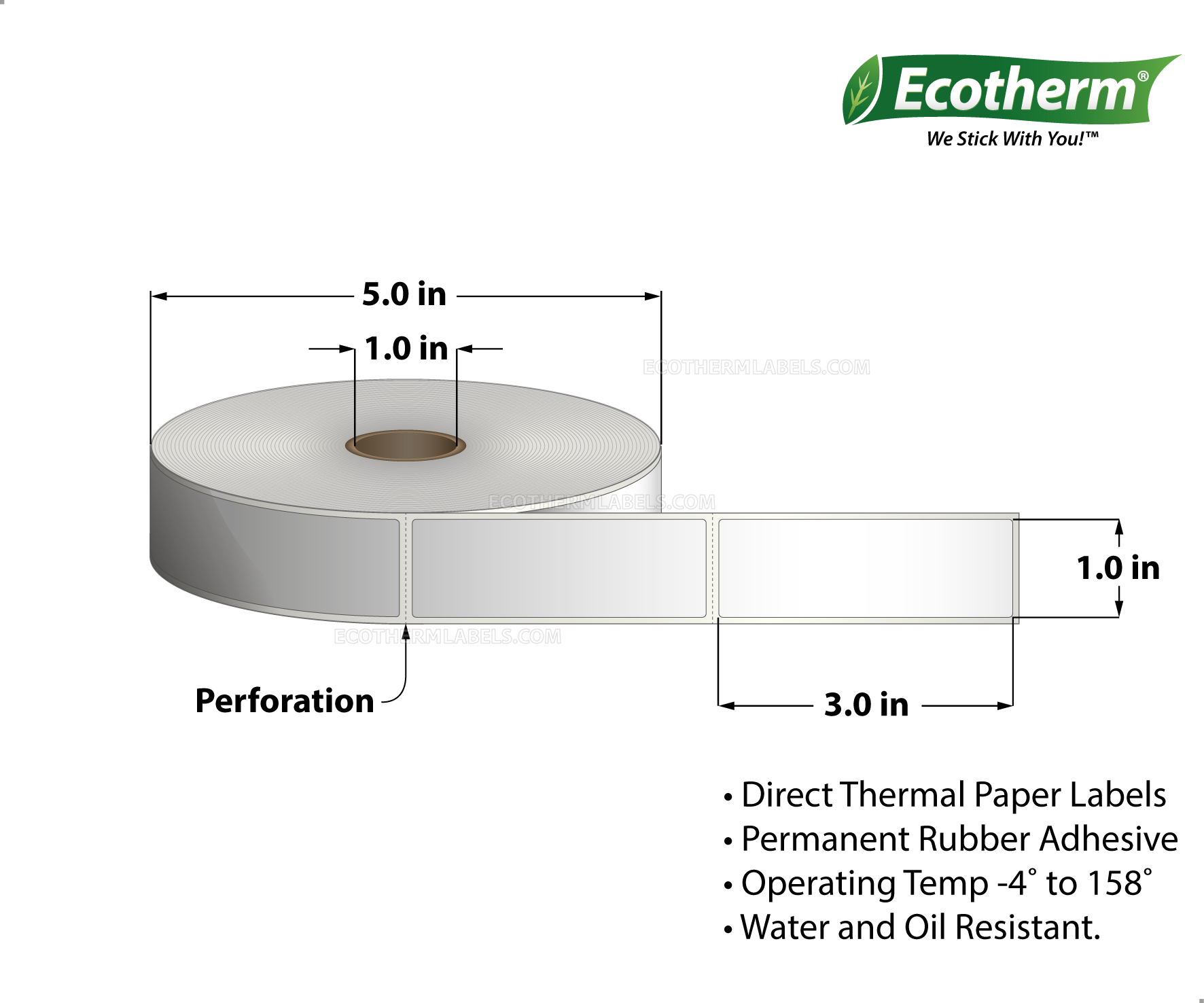 1 x 3 Direct Thermal White Labels With Rubber Adhesive - Perforated - 840 Labels Per Roll - Carton Of 6 Rolls - 5040 Labels Total - MPN: ECOTHERM15112-6