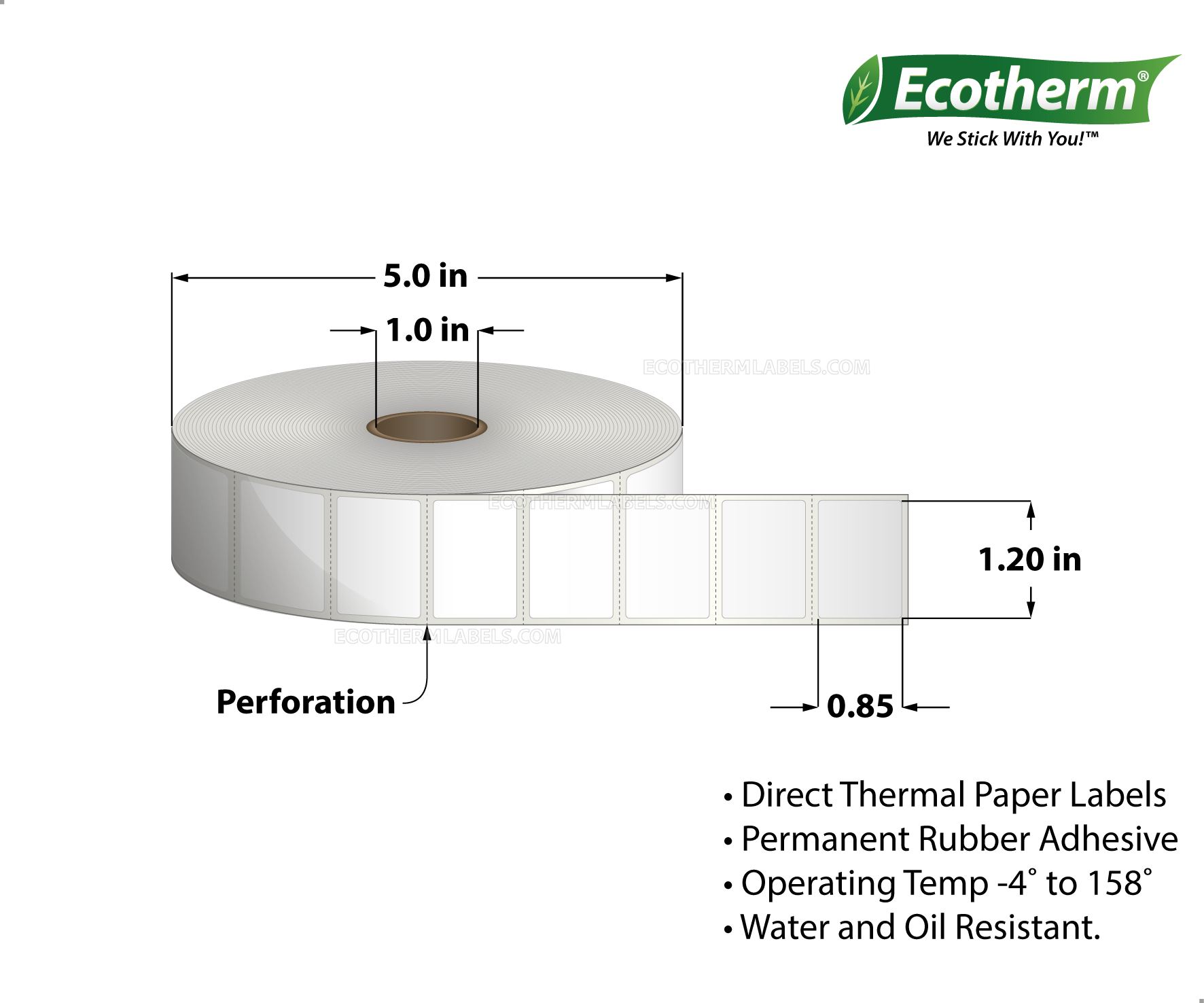 1.2 x 0.85 Direct Thermal White Labels With Rubber Adhesive - Perforated - 2710 Labels Per Roll - Carton Of 6 Rolls - 16260 Labels Total - MPN: ECOTHERM15113-6