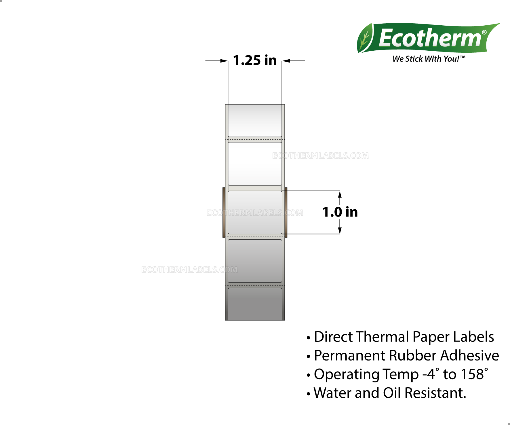 1.25 x 1 Direct Thermal White Labels With Rubber Adhesive - Perforated - 2340 Labels Per Roll - Carton Of 6 Rolls - 14040 Labels Total - MPN: ECOTHERM15114-6