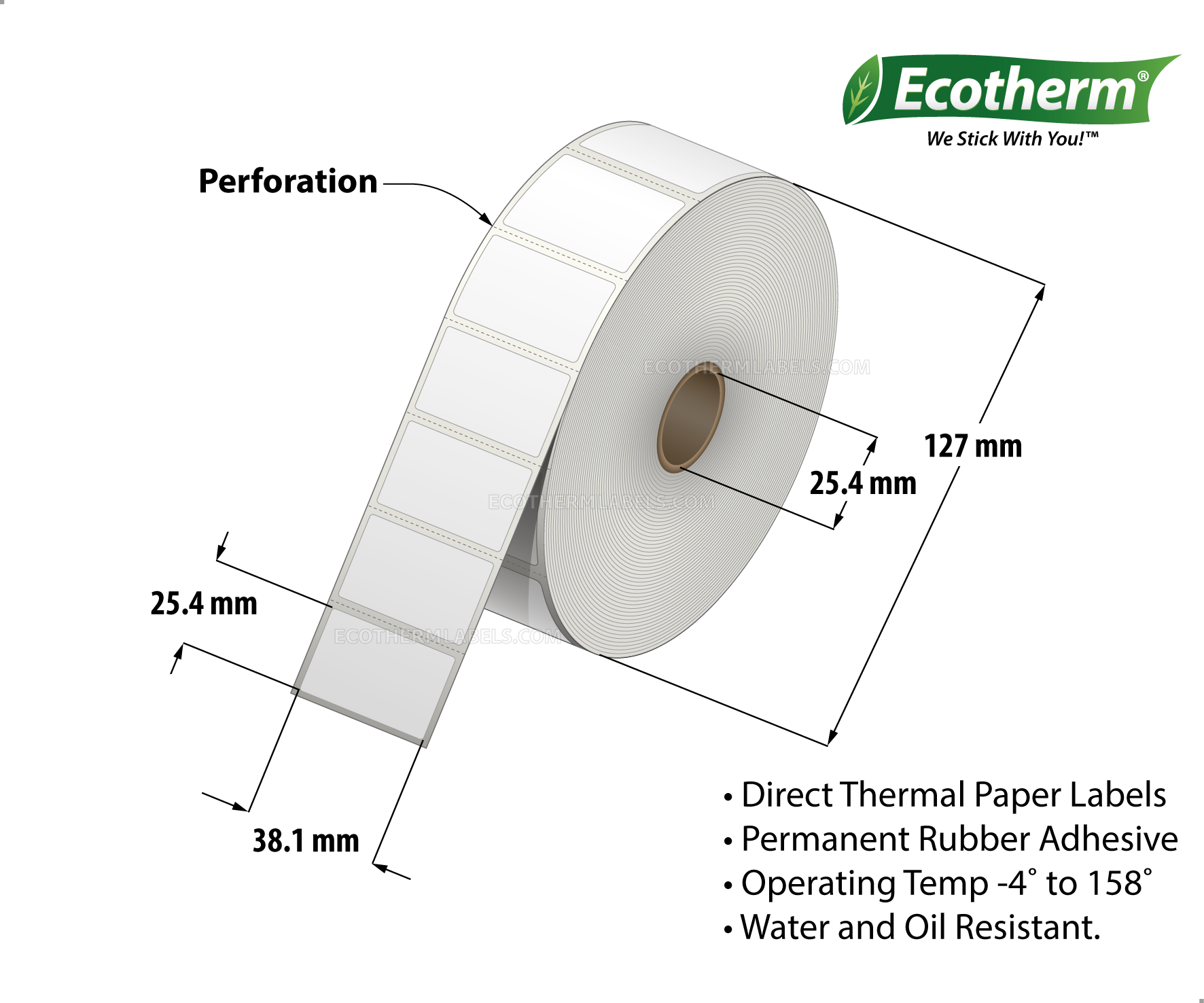 1.5 x 1 Direct Thermal White Labels With Rubber Adhesive - Perforated - 1900 Labels Per Roll - Carton Of 6 Rolls - 11400 Labels Total - MPN: ECOTHERM15158-6