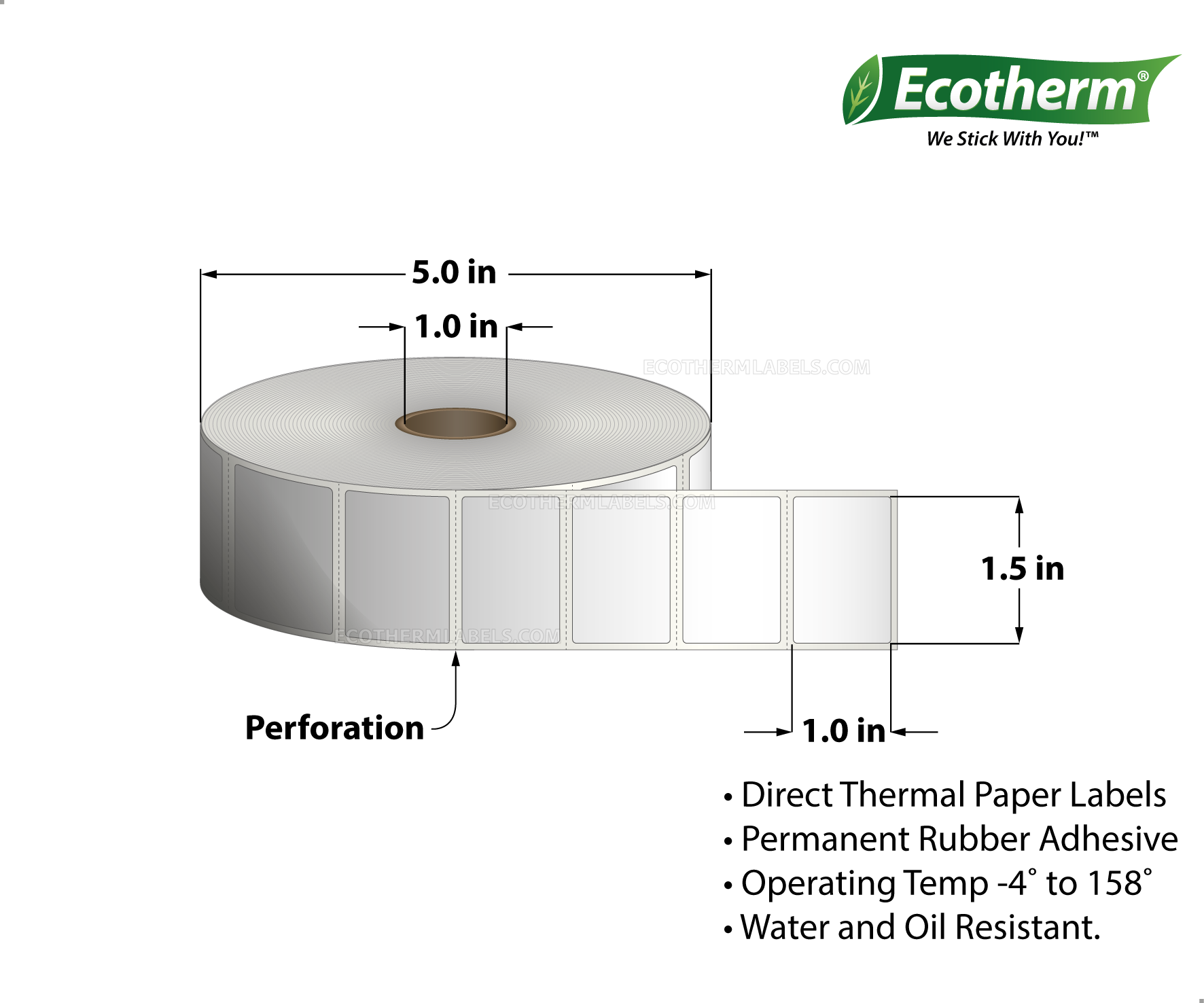 1.5 x 1 Direct Thermal White Labels With Rubber Adhesive - Perforated - 1900 Labels Per Roll - Carton Of 6 Rolls - 11400 Labels Total - MPN: ECOTHERM15158-6