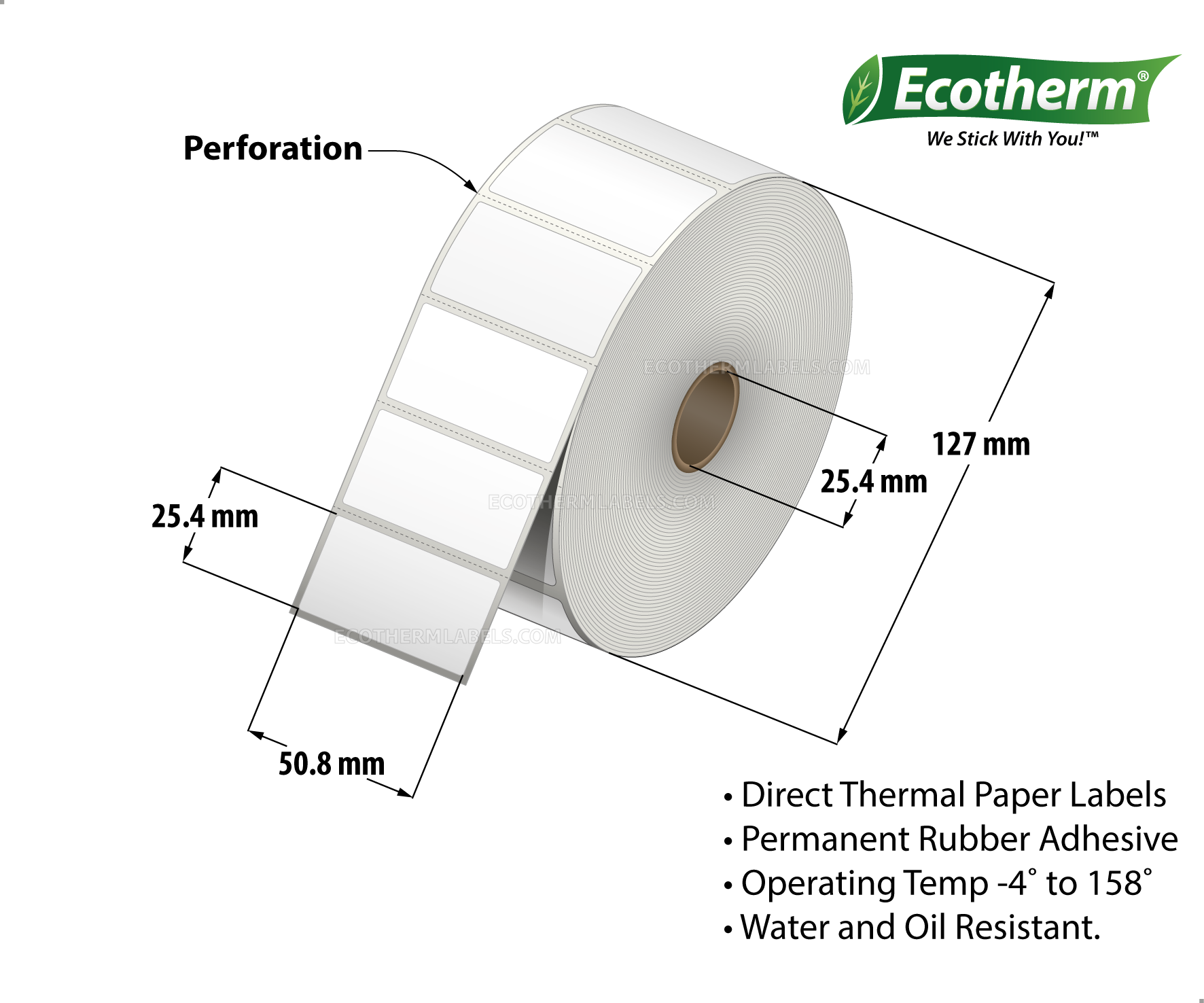 2 x 1 Direct Thermal White Labels With Rubber Adhesive - Perforated - 2500 Labels Per Roll - Carton Of 6 Rolls - 15000 Labels Total - MPN: ECOTHERM15118-6