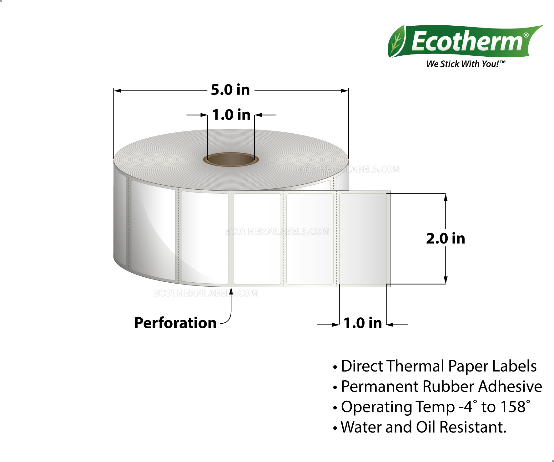 2 x 1 Direct Thermal White Labels With Rubber Adhesive - Perforated - 2500 Labels Per Roll - Carton Of 6 Rolls - 15000 Labels Total - MPN: ECOTHERM15118-6