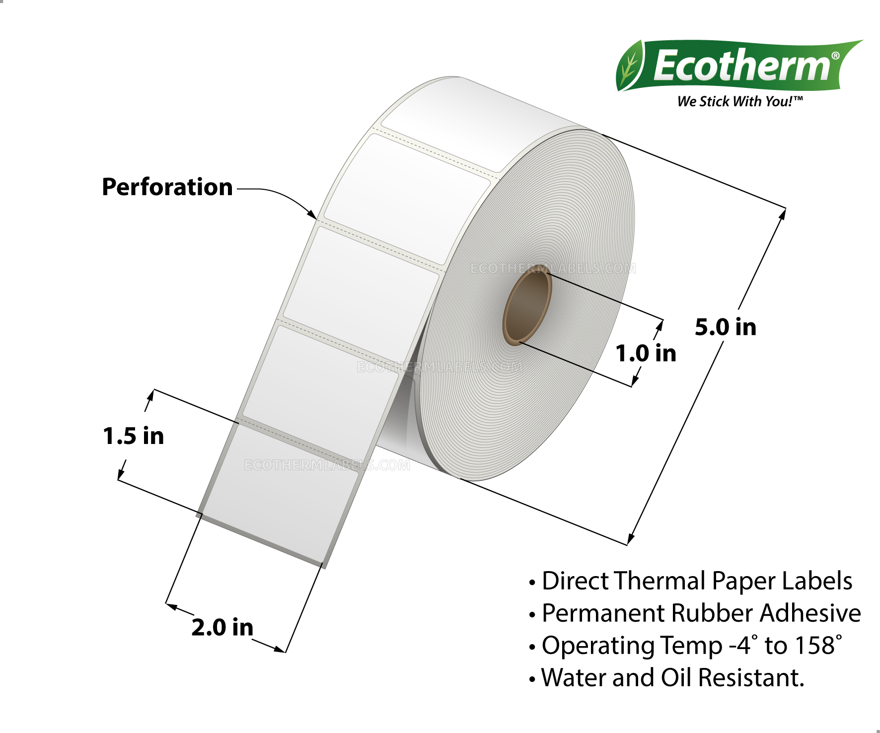 2 x 1.5 Direct Thermal White Labels With Rubber Adhesive - Perforated - 1370 Labels Per Roll - Carton Of 6 Rolls - 8220 Labels Total - MPN: ECOTHERM15120-6