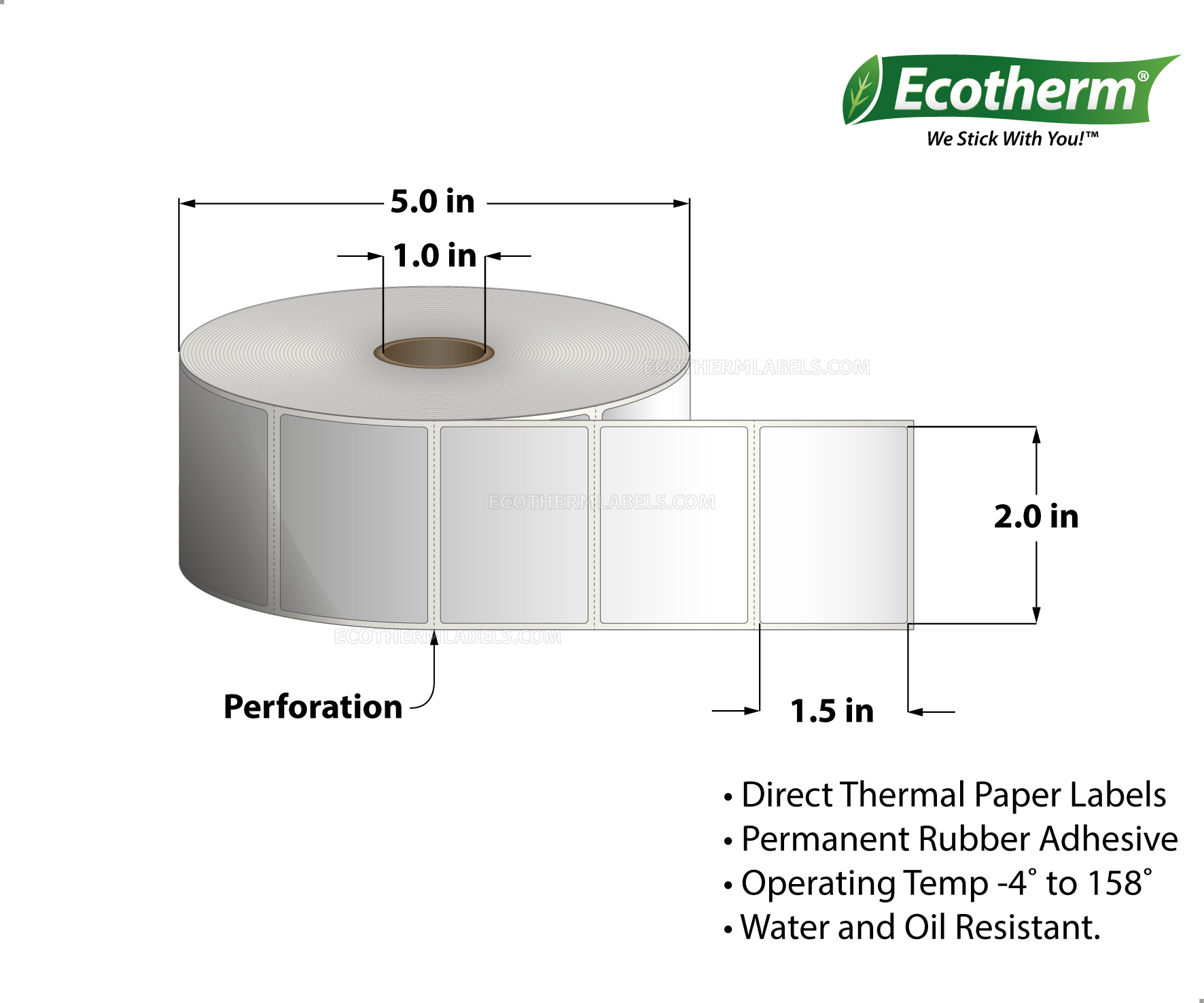 2 x 1.5 Direct Thermal White Labels With Rubber Adhesive - Perforated - 1370 Labels Per Roll - Carton Of 6 Rolls - 8220 Labels Total - MPN: ECOTHERM15120-6