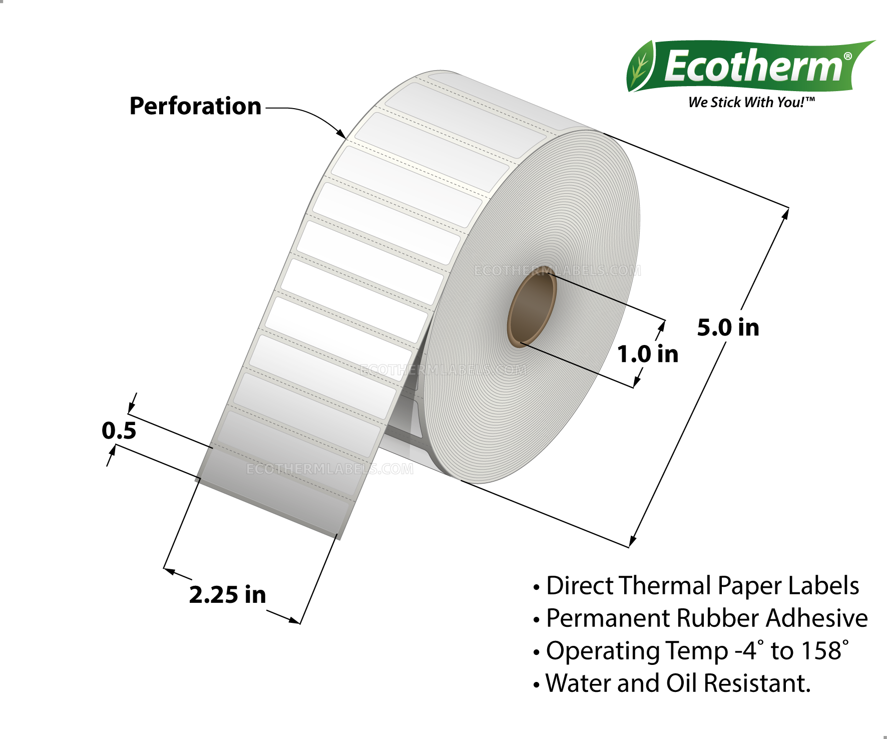 2.25 x 0.5 Direct Thermal White Labels With Rubber Adhesive - Perforated - 4200 Labels Per Roll - Carton Of 6 Rolls - 25200 Labels Total - MPN: ECOTHERM15124-6