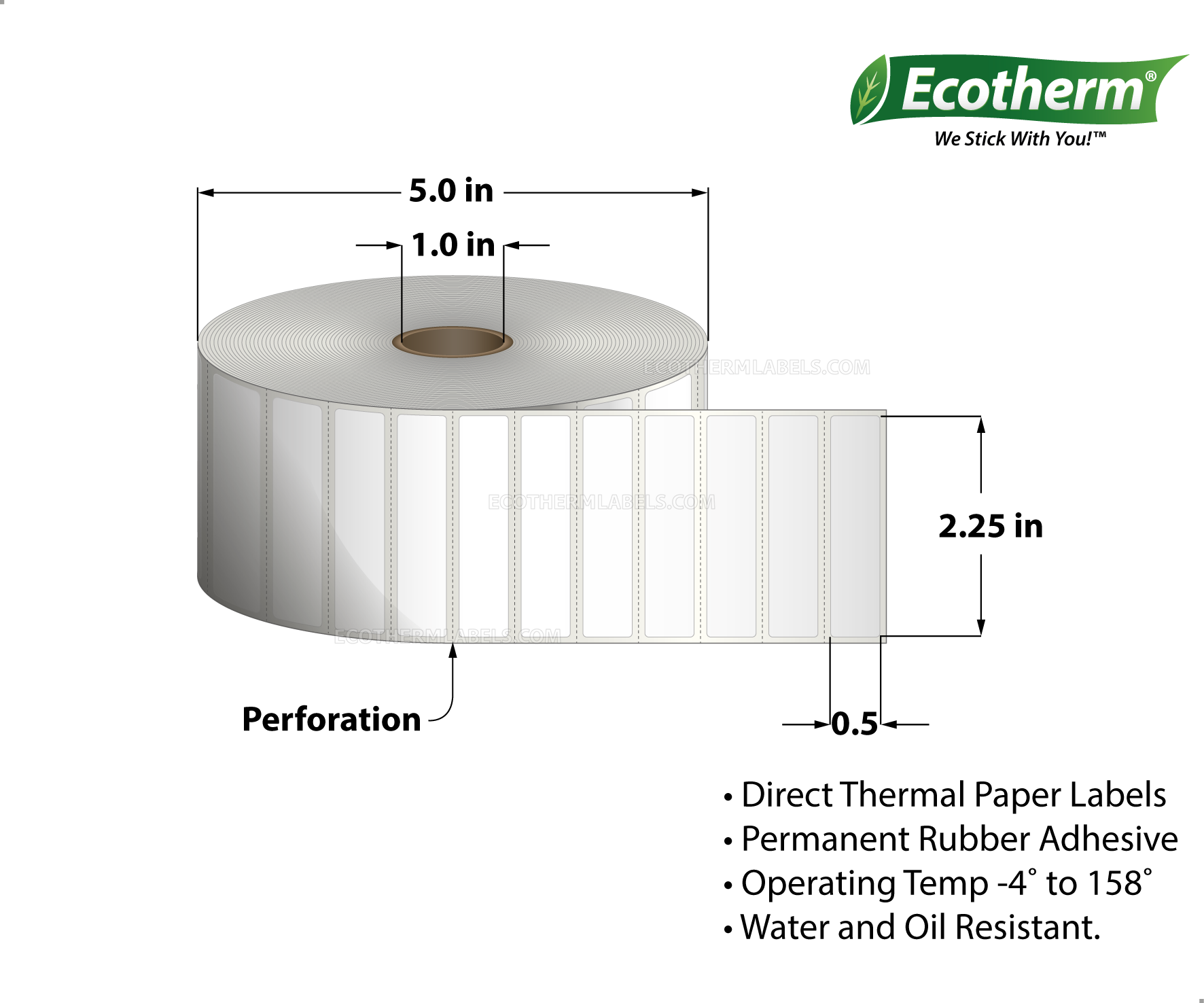 2.25 x 0.5 Direct Thermal White Labels With Rubber Adhesive - Perforated - 4200 Labels Per Roll - Carton Of 6 Rolls - 25200 Labels Total - MPN: ECOTHERM15124-6