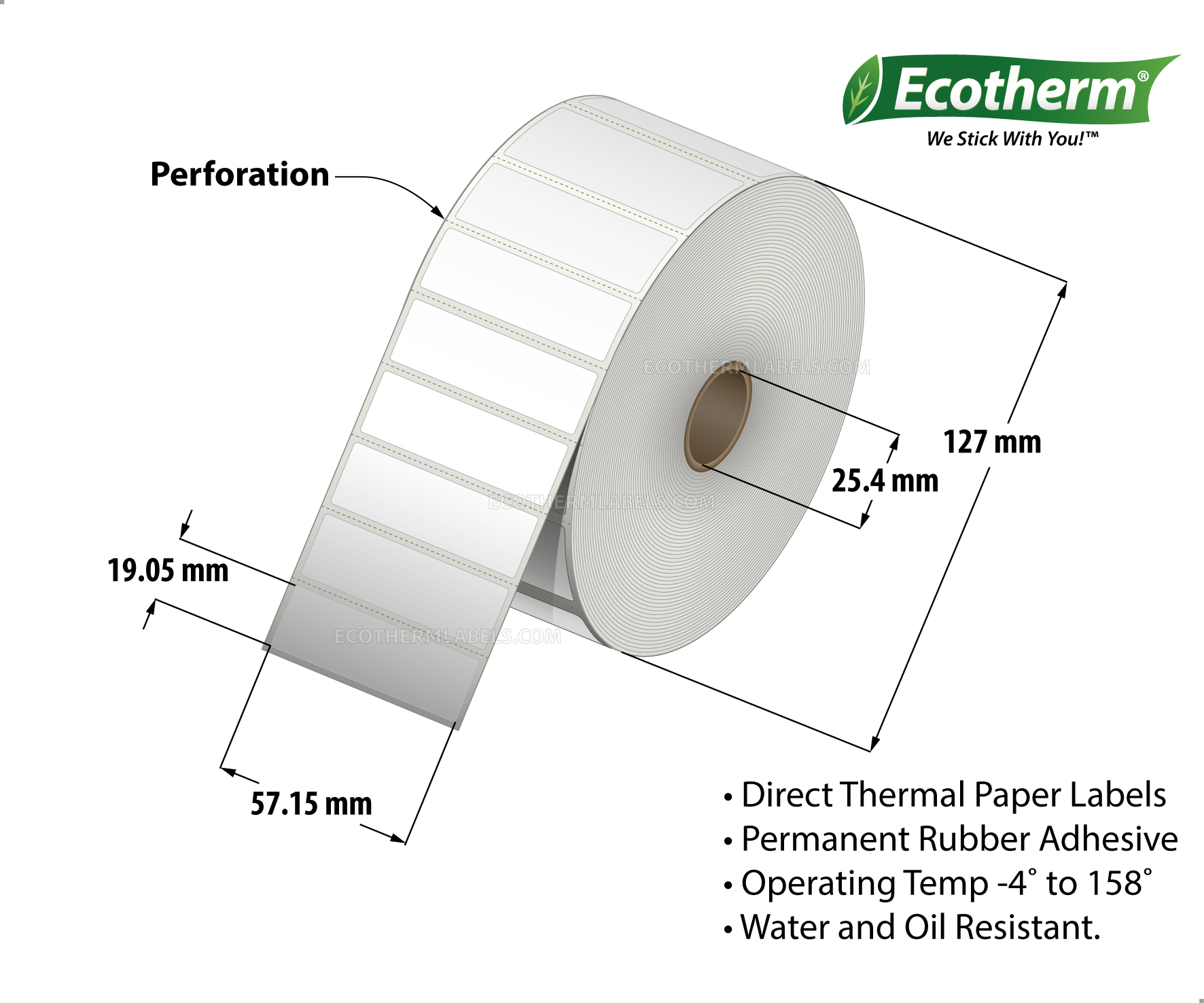 2.25 x 0.75 Direct Thermal White Labels With Rubber Adhesive - Perforated - 3315 Labels Per Roll - Carton Of 6 Rolls - 19890 Labels Total - MPN: ECOTHERM15123-6