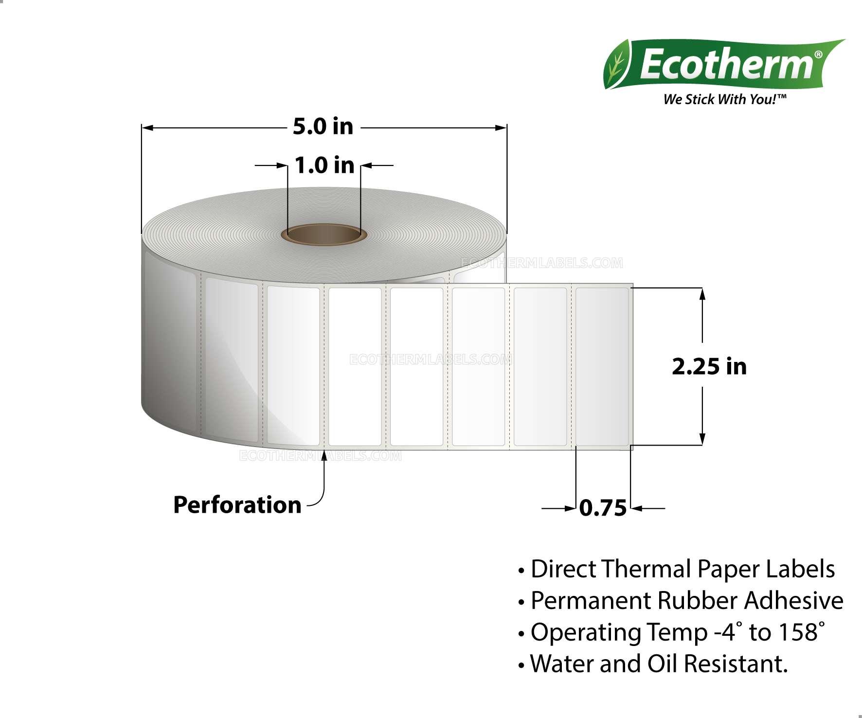 2.25 x 0.75 Direct Thermal White Labels With Rubber Adhesive - Perforated - 3315 Labels Per Roll - Carton Of 6 Rolls - 19890 Labels Total - MPN: ECOTHERM15123-6