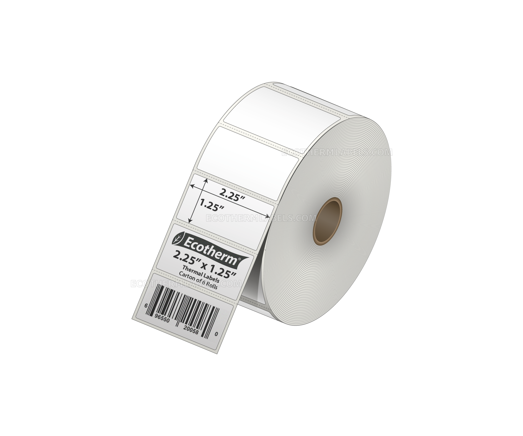 2.25 x 1.25 Direct Thermal White Labels With Rubber Adhesive - Perforated - 2100 Labels Per Roll - Carton Of 6 Rolls - 12600 Labels Total - MPN: ECOTHERM15126-6