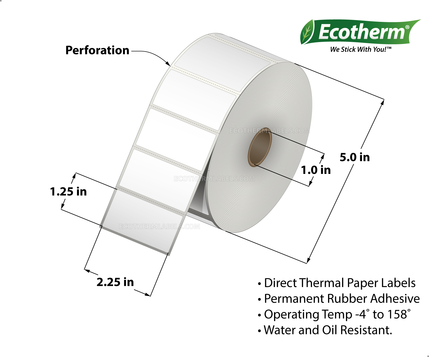 2.25 x 1.25 Direct Thermal White Labels With Rubber Adhesive - Perforated - 2100 Labels Per Roll - Carton Of 6 Rolls - 12600 Labels Total - MPN: ECOTHERM15126-6