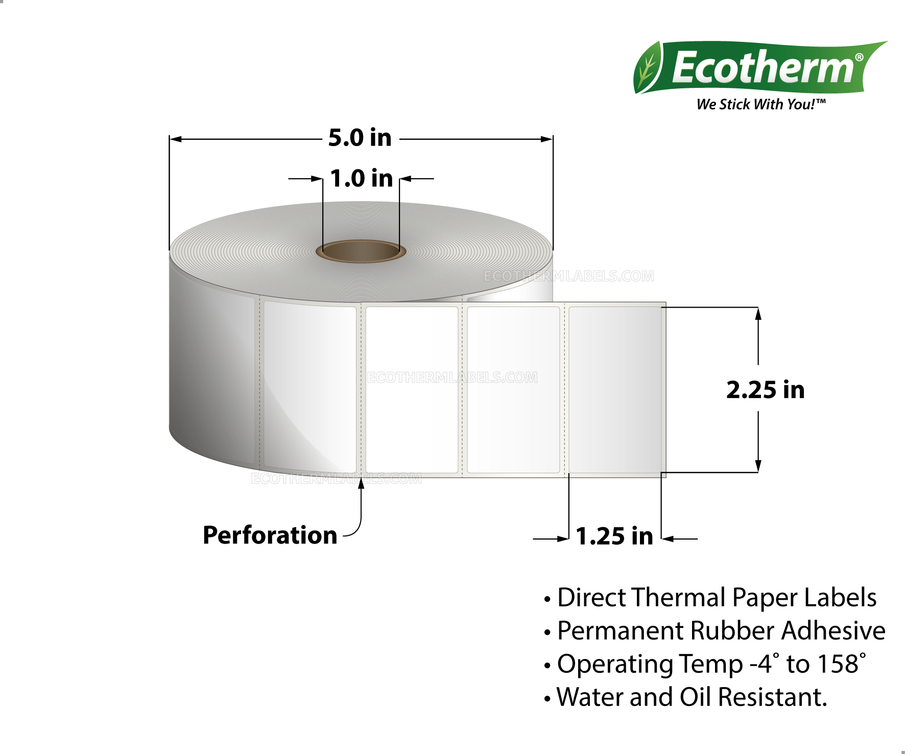 2.25 x 1.25 Direct Thermal White Labels With Rubber Adhesive - Perforated - 2100 Labels Per Roll - Carton Of 6 Rolls - 12600 Labels Total - MPN: ECOTHERM15126-6