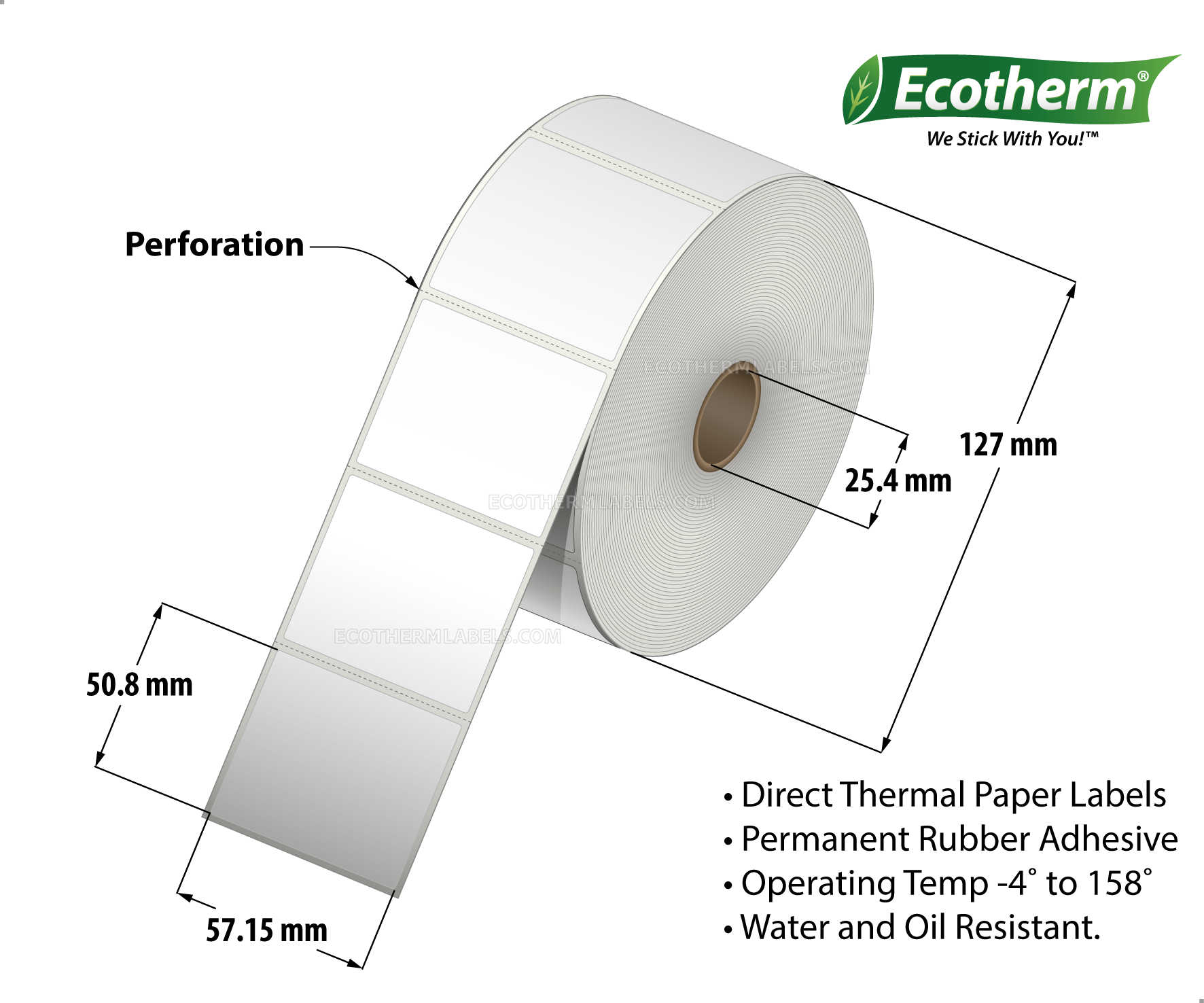 2.25 x 2 Direct Thermal White Labels With Rubber Adhesive - Perforated - 1370 Labels Per Roll - Carton Of 6 Rolls - 8220 Labels Total - MPN: ECOTHERM15128-6