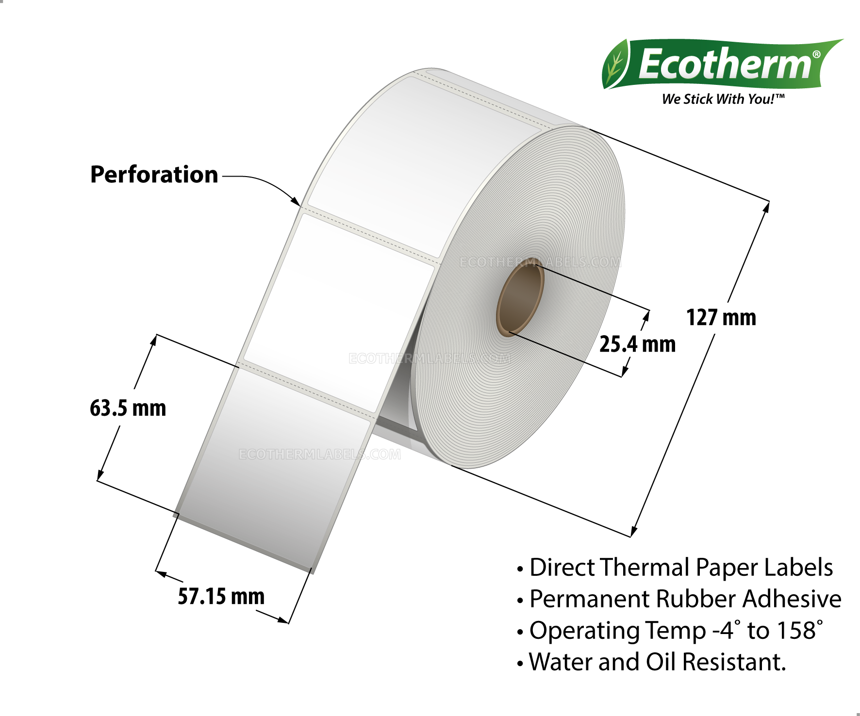 2.25 x 2.5 Direct Thermal White Labels With Rubber Adhesive - Perforated - 1000 Labels Per Roll - Carton Of 6 Rolls - 6000 Labels Total - MPN: ECOTHERM15130-6