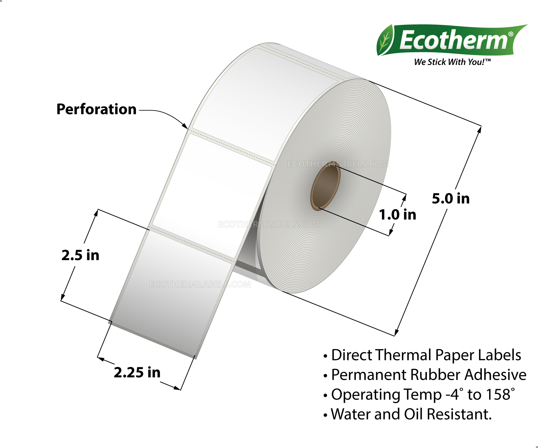 2.25 x 2.5 Direct Thermal White Labels With Rubber Adhesive - Perforated - 1000 Labels Per Roll - Carton Of 6 Rolls - 6000 Labels Total - MPN: ECOTHERM15130-6