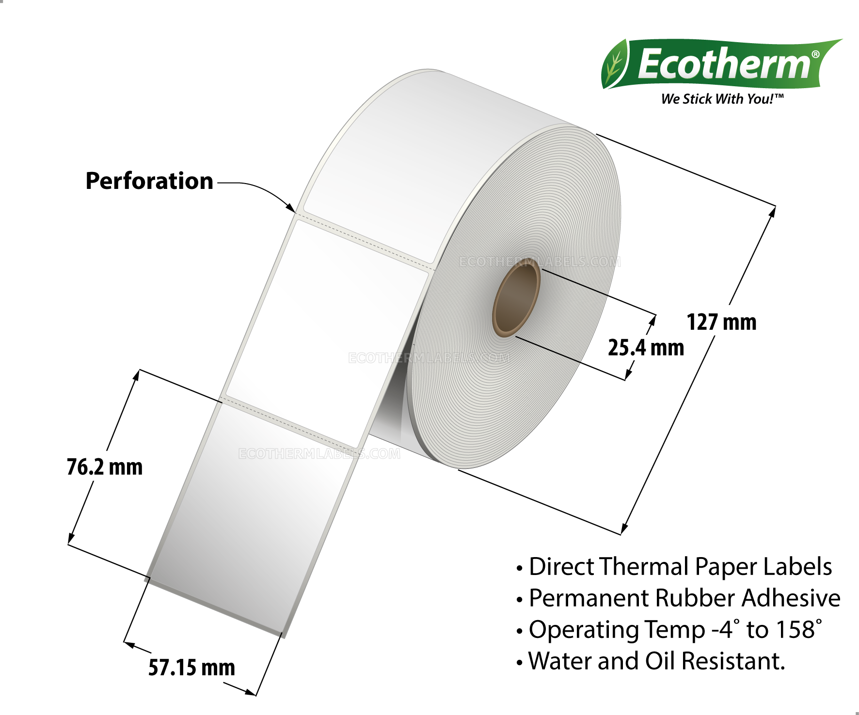 2.25 x 3 Direct Thermal White Labels With Rubber Adhesive - Perforated - 840 Labels Per Roll - Carton Of 6 Rolls - 5040 Labels Total - MPN: ECOTHERM15131-6