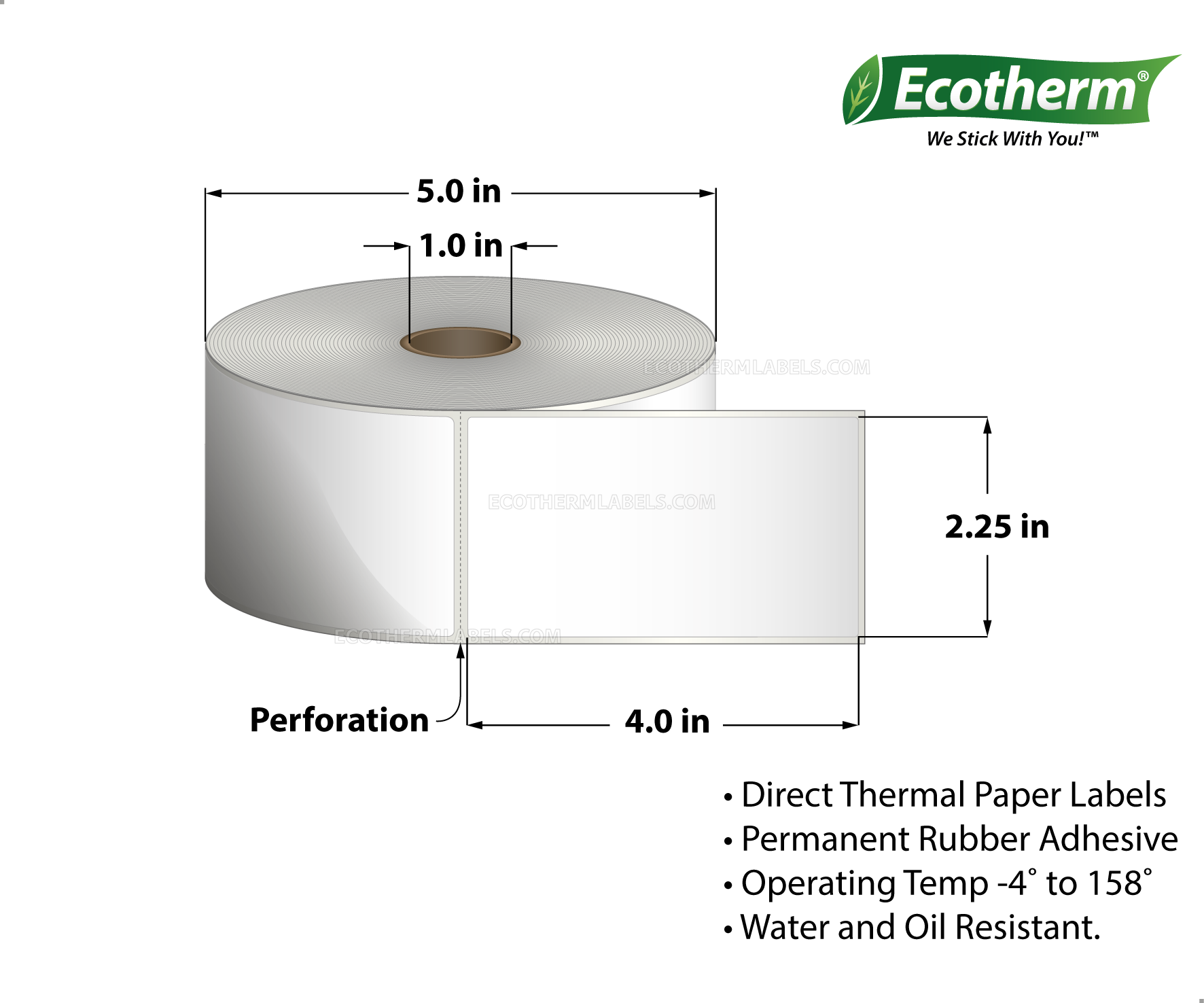 2.25 x 4 Direct Thermal White Labels With Rubber Adhesive - Perforated - 700 Labels Per Roll - Carton Of 6 Rolls - 4200 Labels Total - MPN: ECOTHERM15132-6