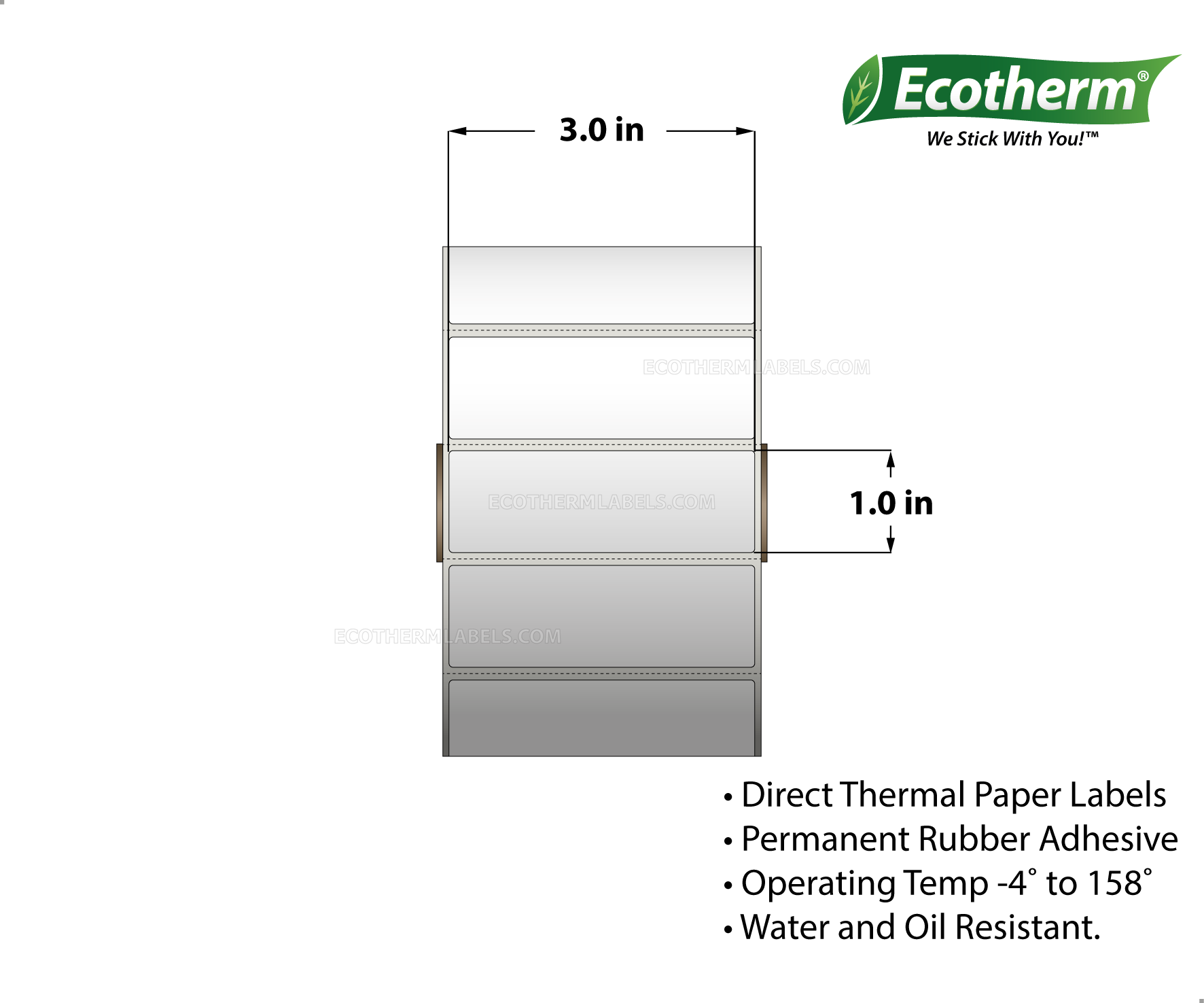 3 x 1 Direct Thermal White Labels With Rubber Adhesive - Perforated - 2500 Labels Per Roll - Carton Of 6 Rolls - 15000 Labels Total - MPN: ECOTHERM15137-6