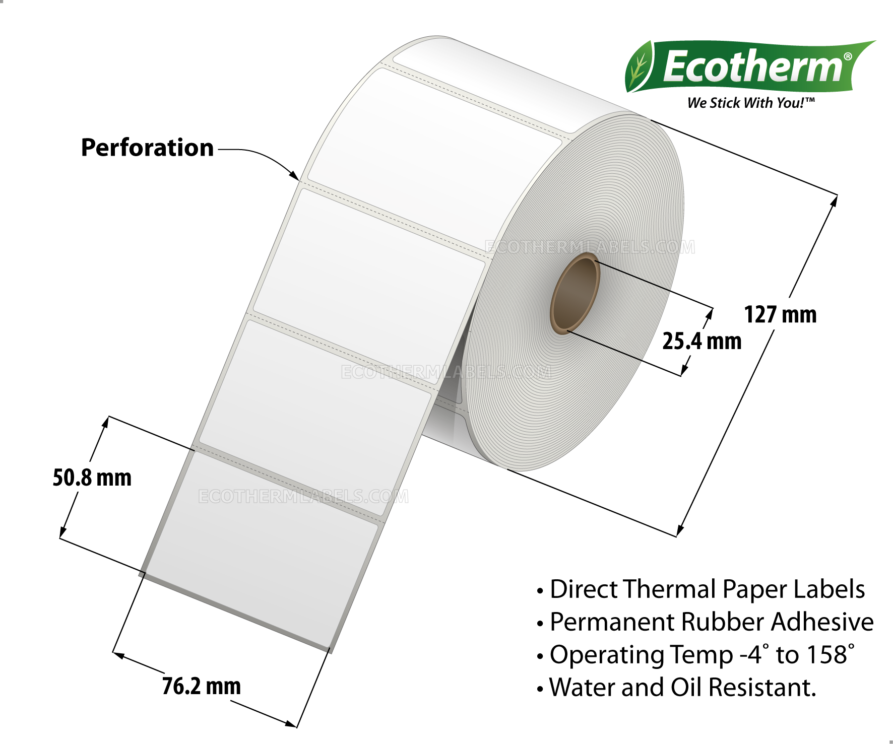 3 x 2 Direct Thermal White Labels With Rubber Adhesive - Perforated - 1240 Labels Per Roll - Carton Of 6 Rolls - 7440 Labels Total - MPN: ECOTHERM15139-6