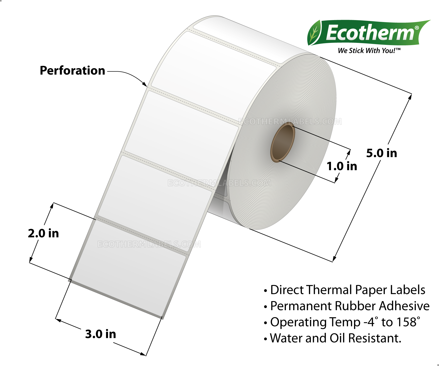 3 x 2 Direct Thermal White Labels With Rubber Adhesive - Perforated - 1240 Labels Per Roll - Carton Of 6 Rolls - 7440 Labels Total - MPN: ECOTHERM15139-6