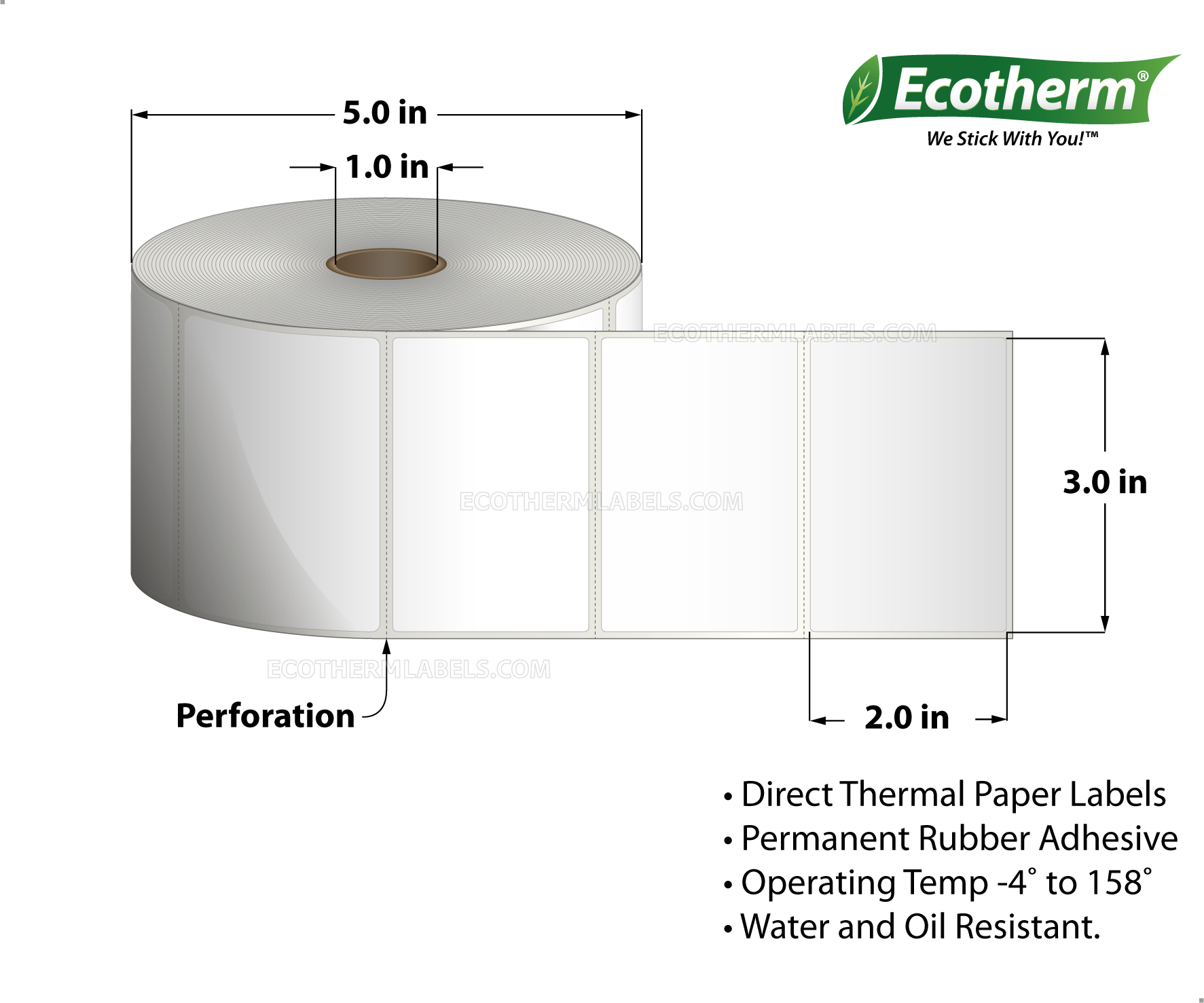 3 x 2 Direct Thermal White Labels With Rubber Adhesive - Perforated - 1240 Labels Per Roll - Carton Of 6 Rolls - 7440 Labels Total - MPN: ECOTHERM15139-6