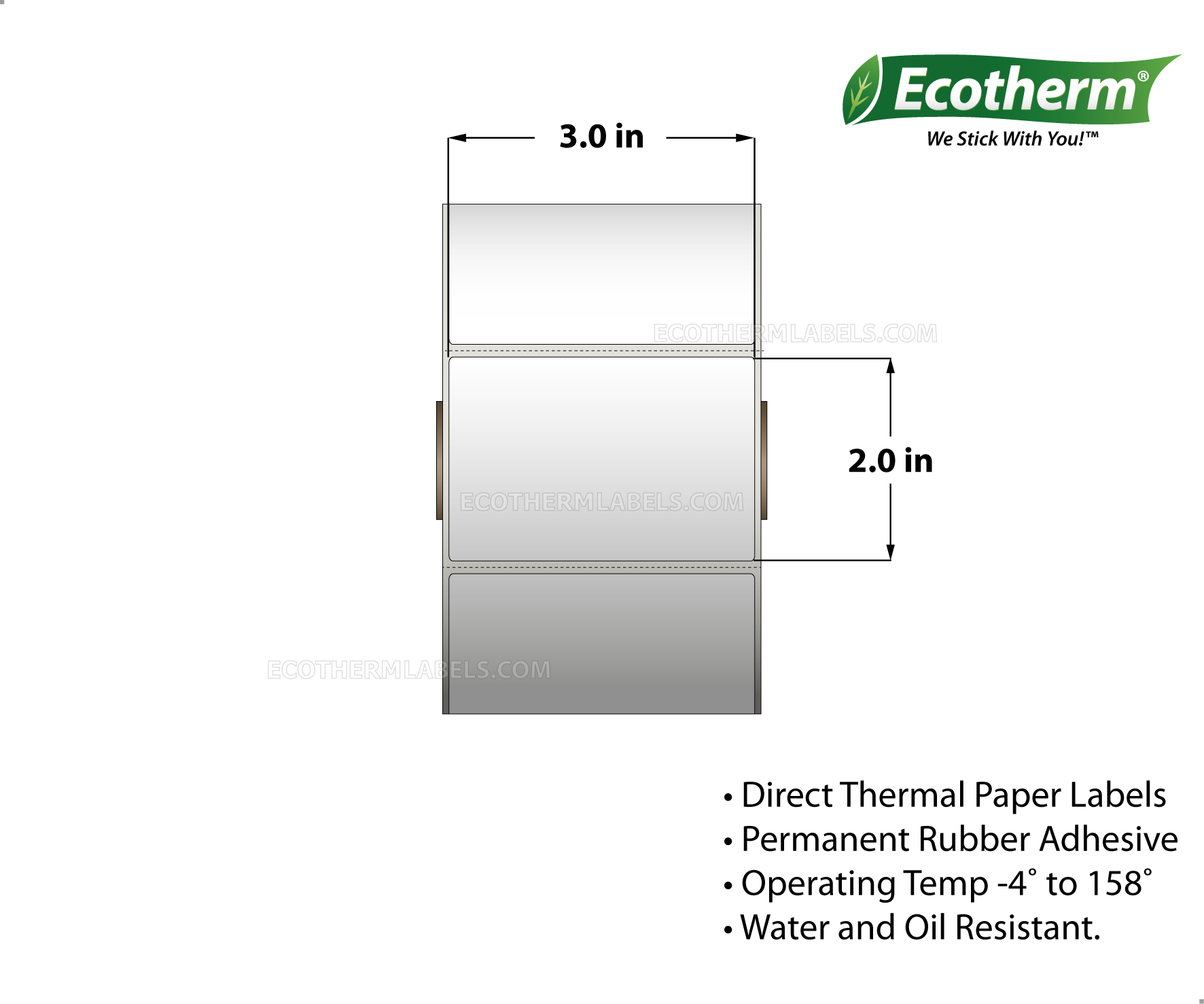 3 x 2 Direct Thermal White Labels With Rubber Adhesive - Perforated - 1240 Labels Per Roll - Carton Of 6 Rolls - 7440 Labels Total - MPN: ECOTHERM15139-6