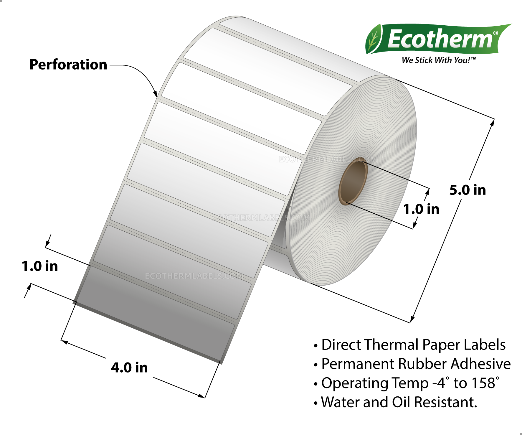 4 x 1 Direct Thermal White Labels With Rubber Adhesive - Perforated - 2500 Labels Per Roll - Carton Of 6 Rolls - 15000 Labels Total - MPN: ECOTHERM15146-6