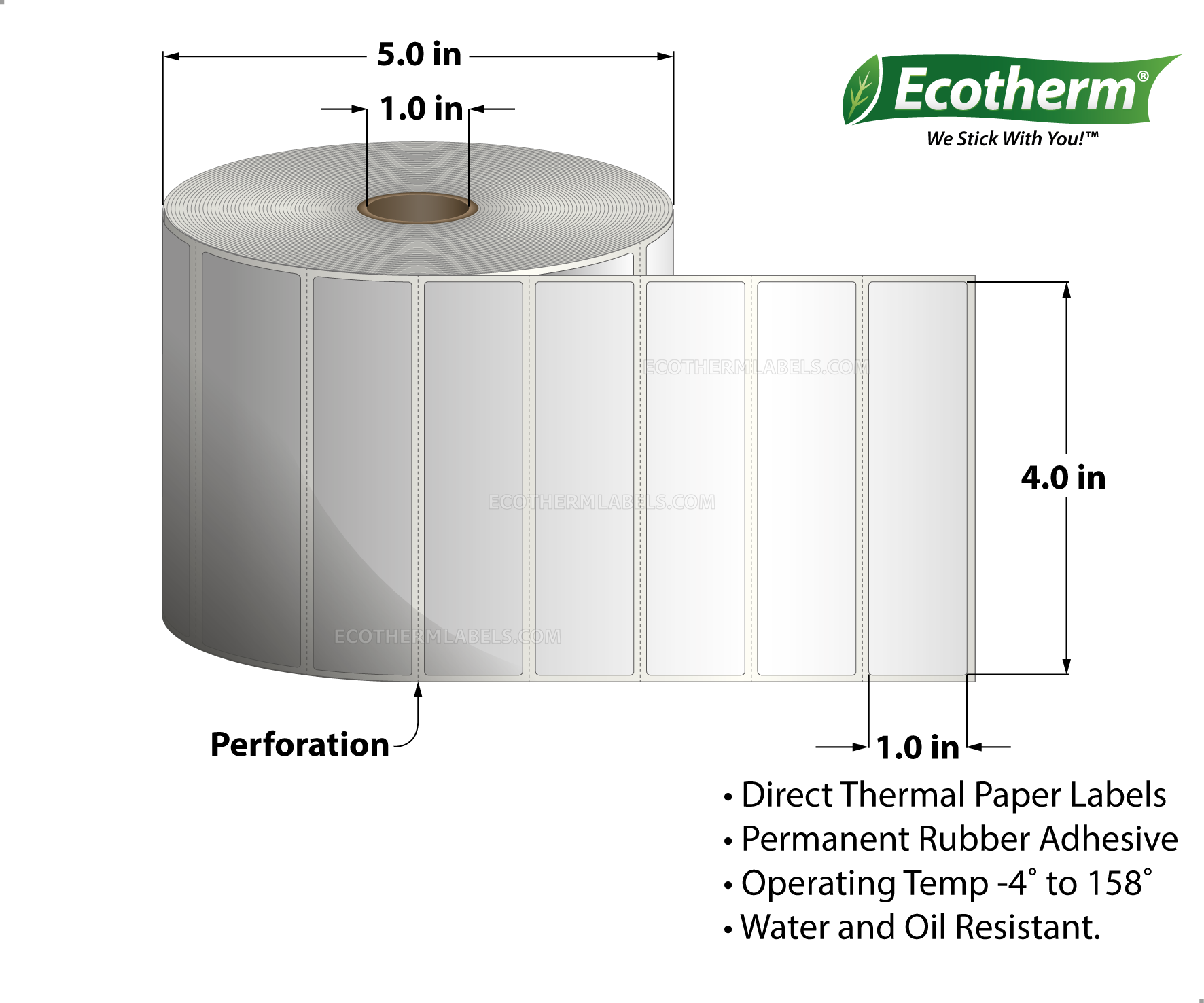 4 x 1 Direct Thermal White Labels With Rubber Adhesive - Perforated - 2500 Labels Per Roll - Carton Of 6 Rolls - 15000 Labels Total - MPN: ECOTHERM15146-6