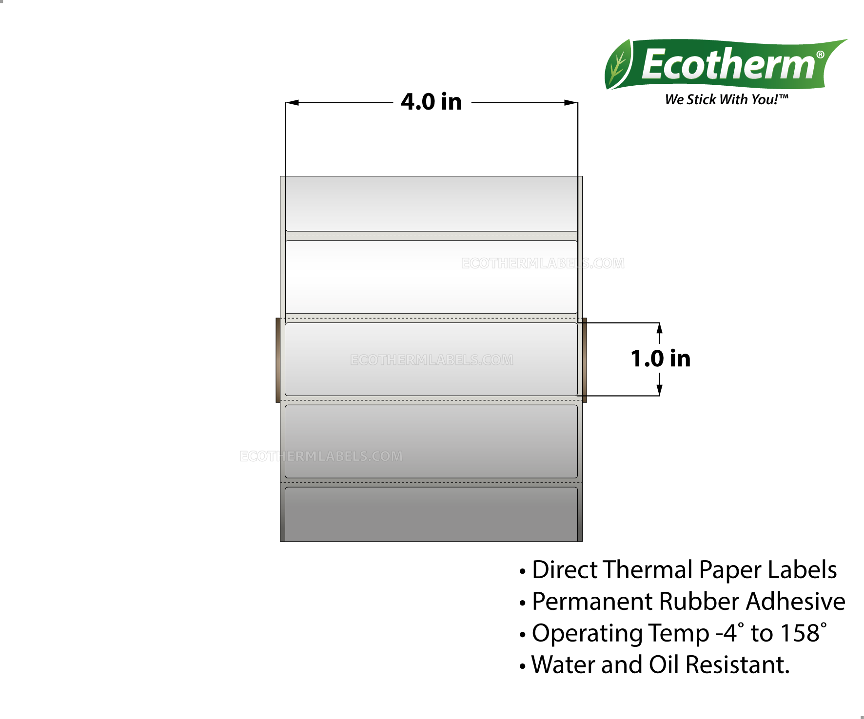 4 x 1 Direct Thermal White Labels With Rubber Adhesive - Perforated - 2500 Labels Per Roll - Carton Of 6 Rolls - 15000 Labels Total - MPN: ECOTHERM15146-6