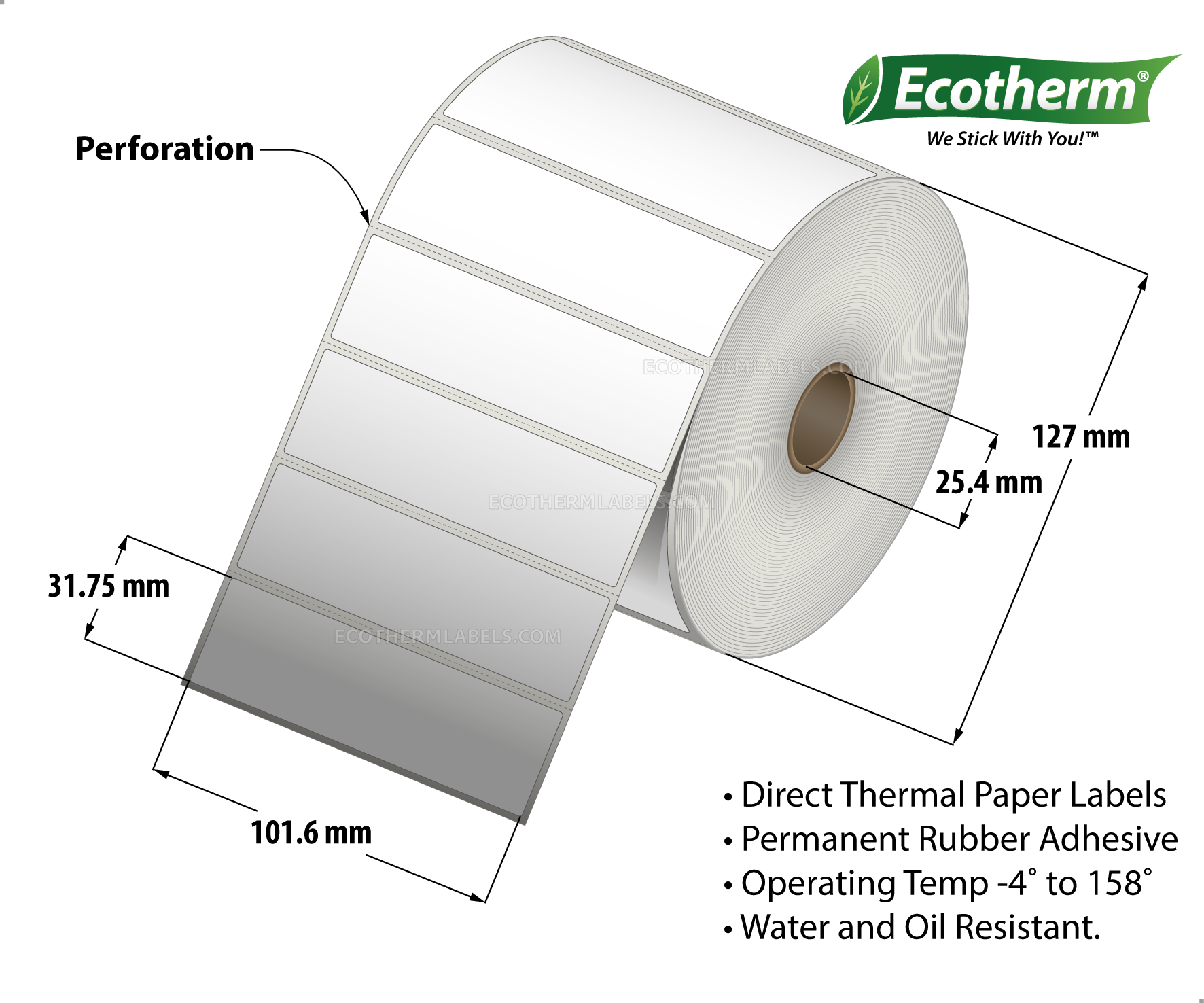 4 x 1.25 Direct Thermal White Labels With Rubber Adhesive - Perforated - 2100 Labels Per Roll - Carton Of 6 Rolls - 12600 Labels Total - MPN: ECOTHERM15157-6