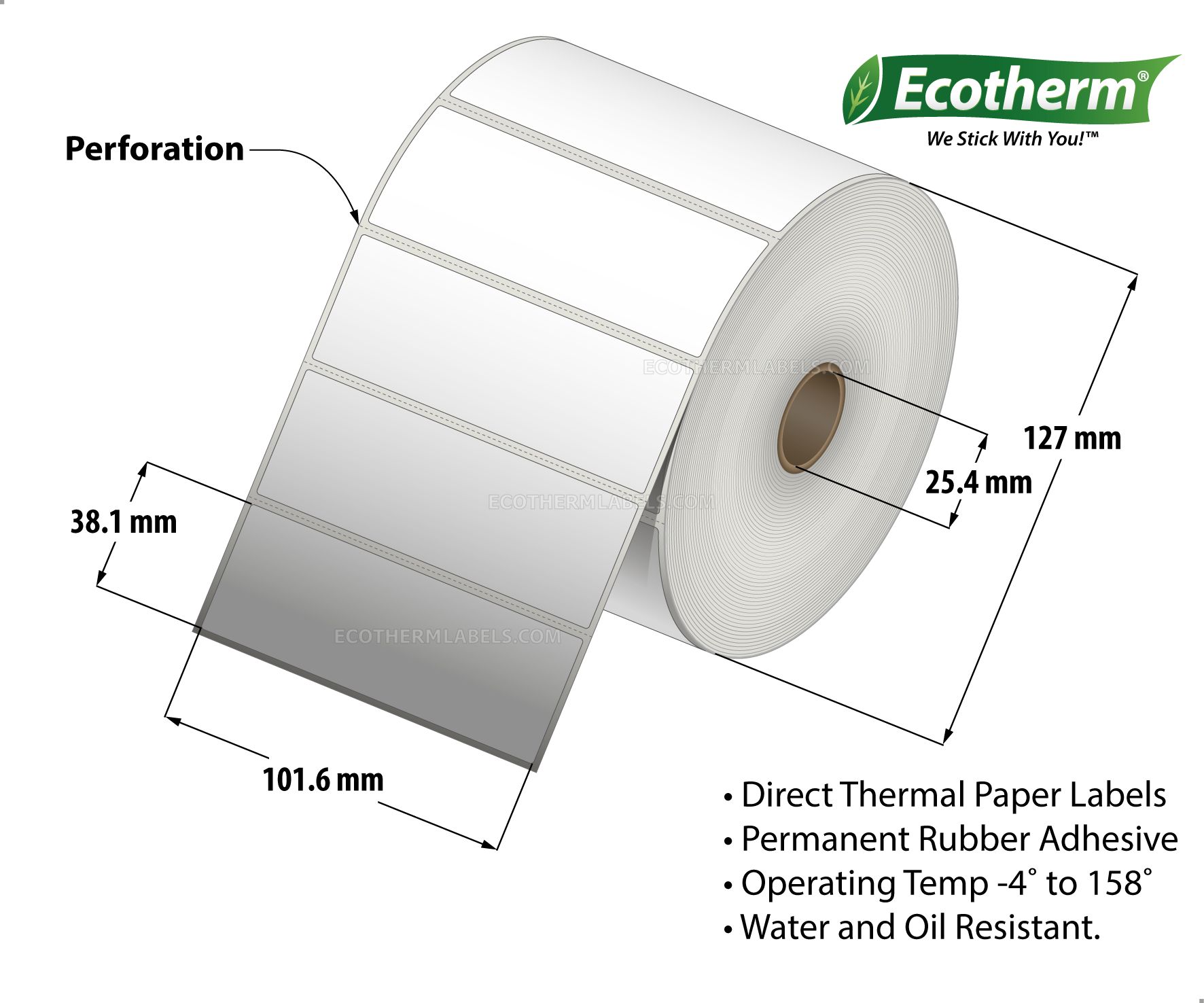 4 x 1.5 Direct Thermal White Labels With Rubber Adhesive - Perforated - 1800 Labels Per Roll - Carton Of 6 Rolls - 10800 Labels Total - MPN: ECOTHERM15148-6