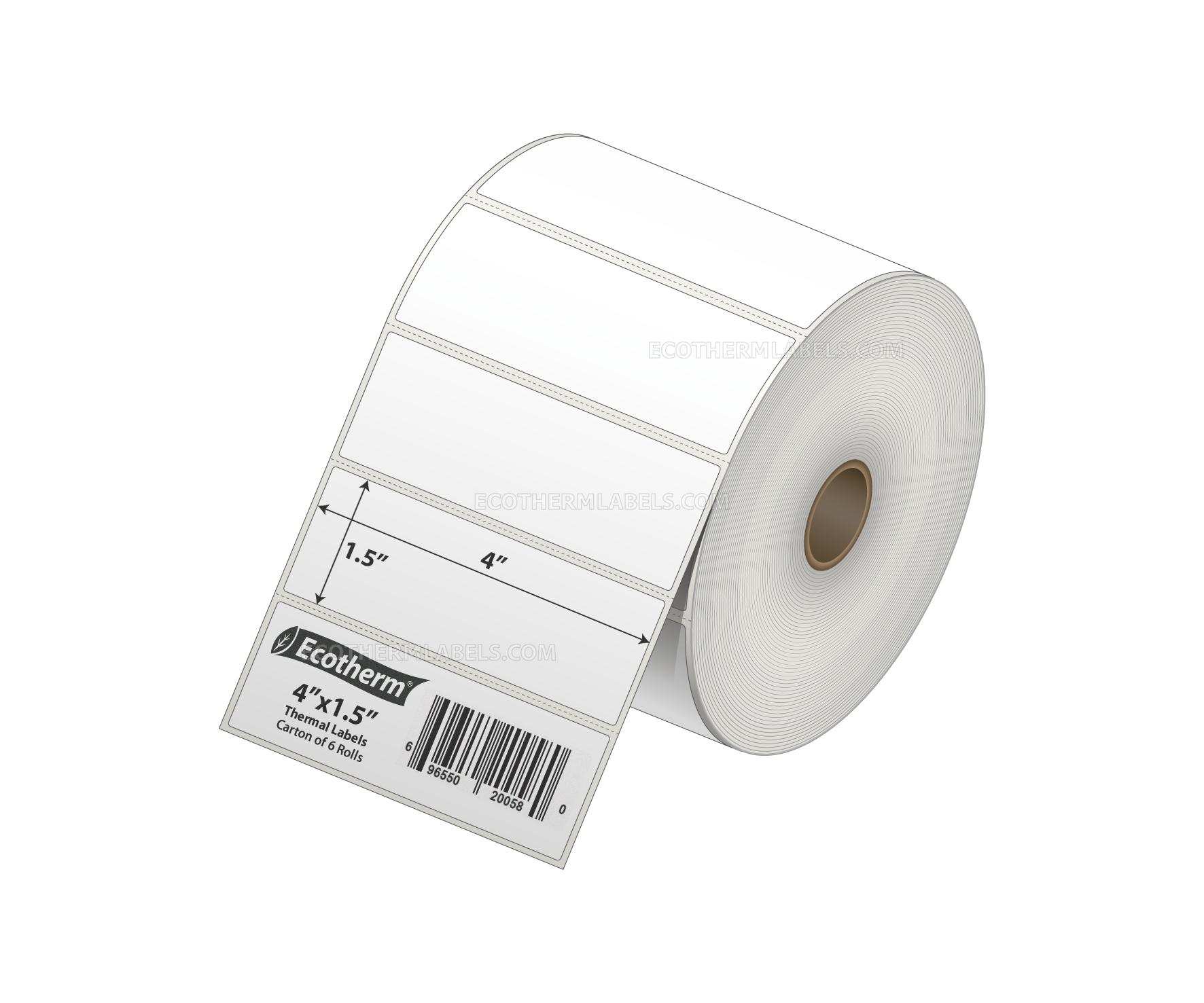 4 x 1.5 Direct Thermal White Labels With Rubber Adhesive - Perforated - 1800 Labels Per Roll - Carton Of 6 Rolls - 10800 Labels Total - MPN: ECOTHERM15148-6