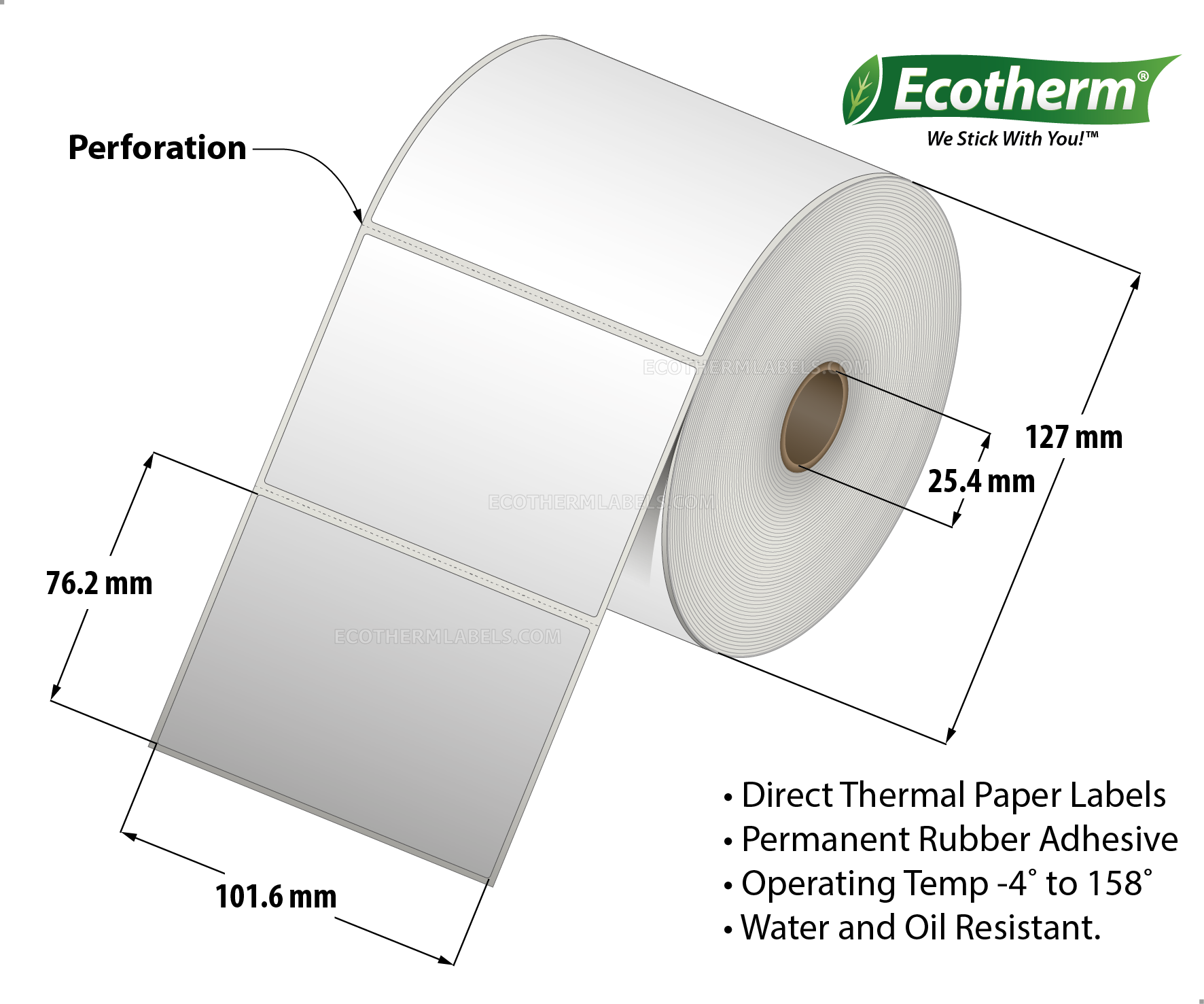 4 x 3 Direct Thermal White Labels With Rubber Adhesive - Perforated - 930 Labels Per Roll - Carton Of 6 Rolls - 5580 Labels Total - MPN: ECOTHERM15151-6