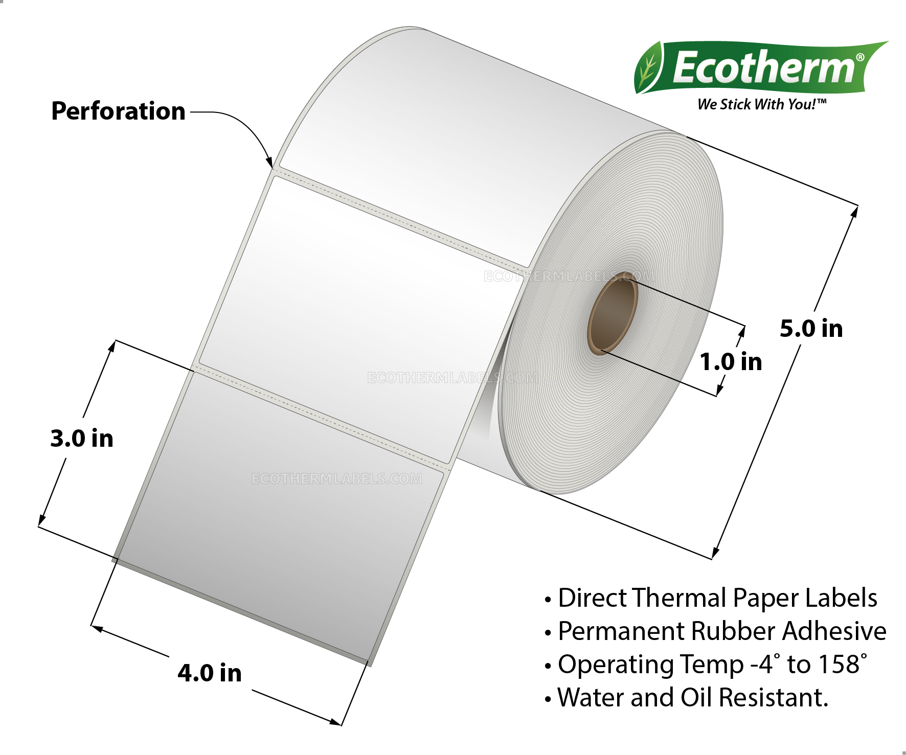 4 x 3 Direct Thermal White Labels With Rubber Adhesive - Perforated - 930 Labels Per Roll - Carton Of 6 Rolls - 5580 Labels Total - MPN: ECOTHERM15151-6