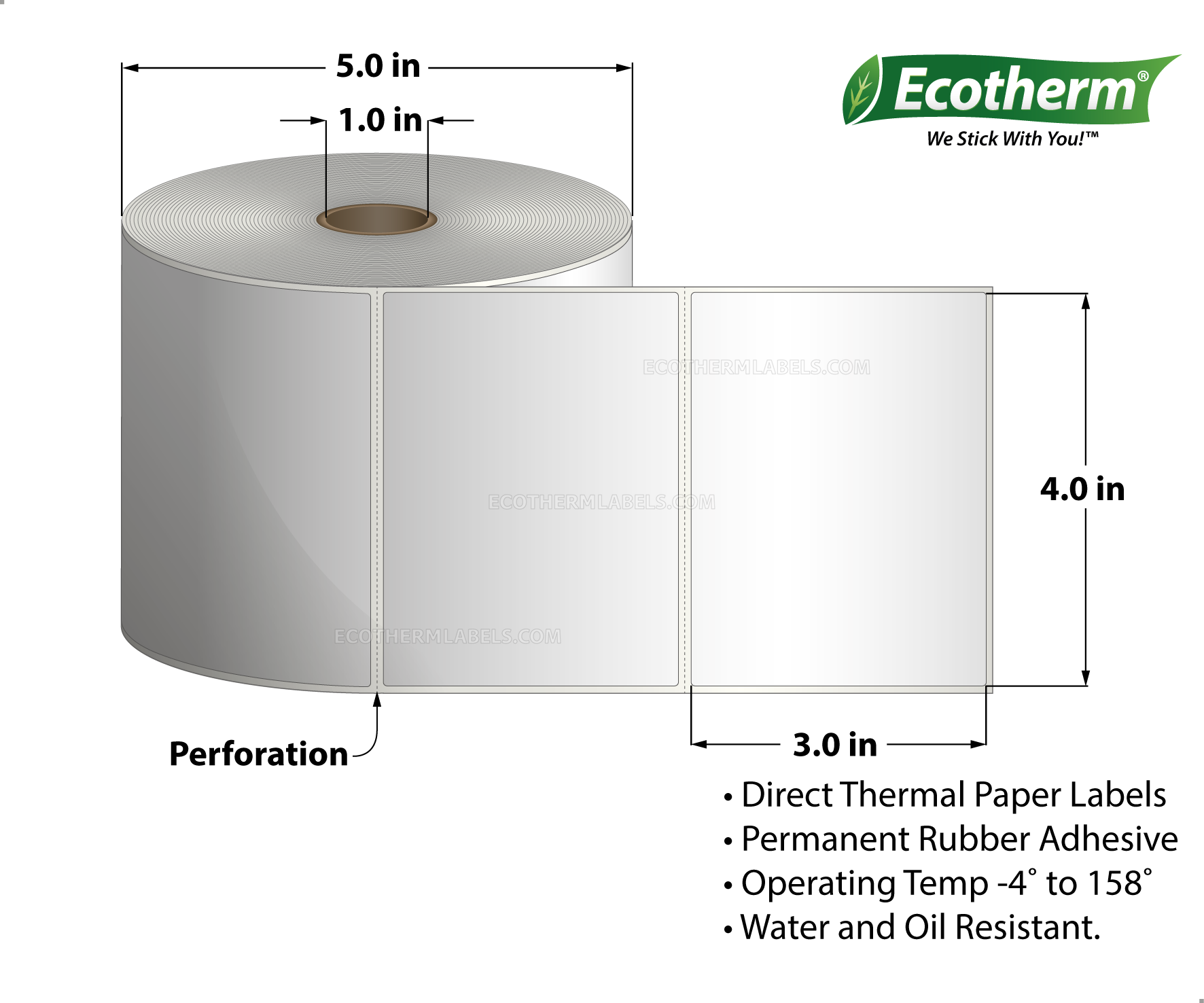 4 x 3 Direct Thermal White Labels With Rubber Adhesive - Perforated - 930 Labels Per Roll - Carton Of 6 Rolls - 5580 Labels Total - MPN: ECOTHERM15151-6